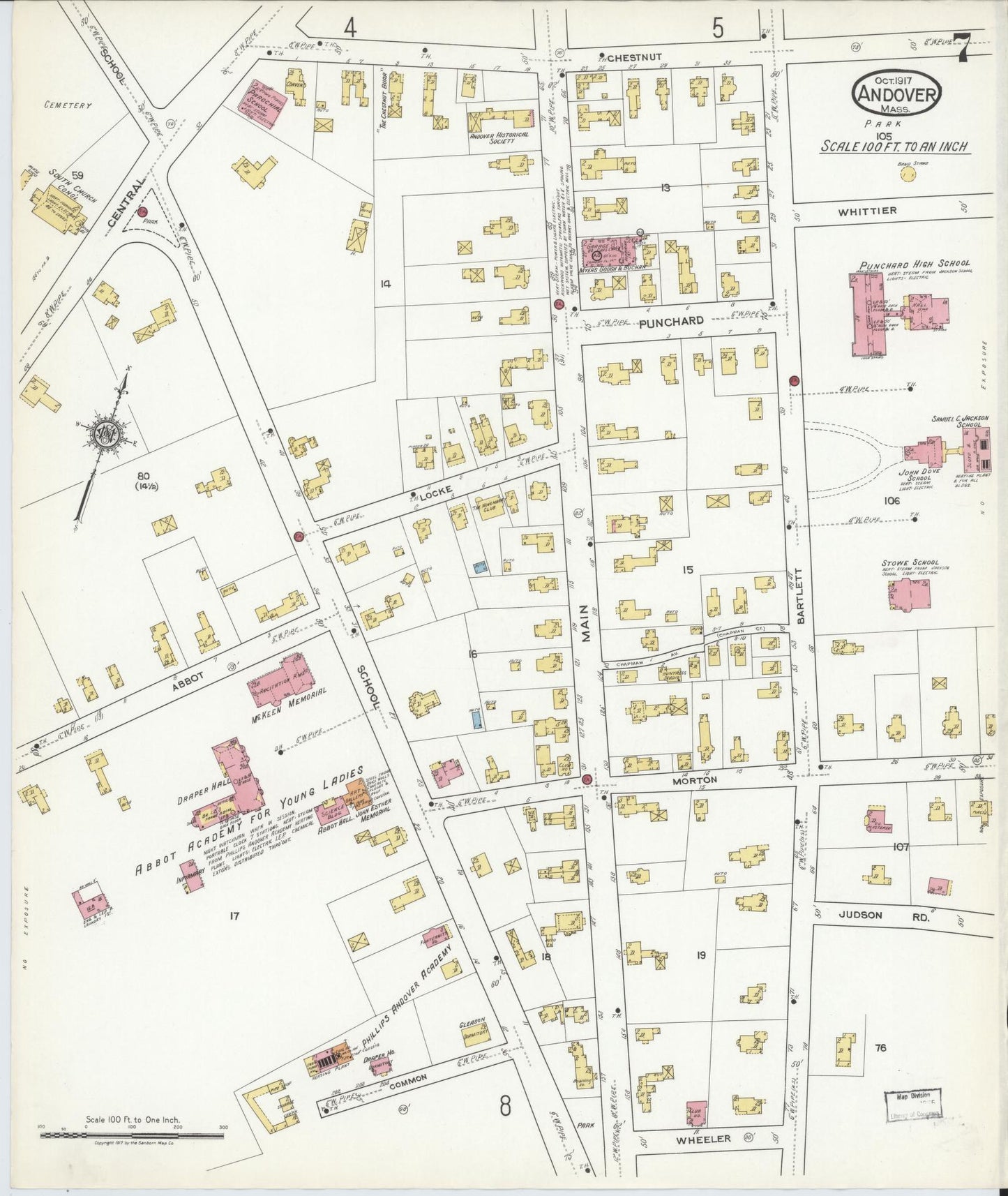 Sanborn Fire Insurance Map from Andover, Essex County, Massachusetts (1917), Sheet #0007 - Historic Sanborn Fire Insurance Map Print, vintage old map wall art, antique decor, genealogy gift, Massachusetts Massachusetts map