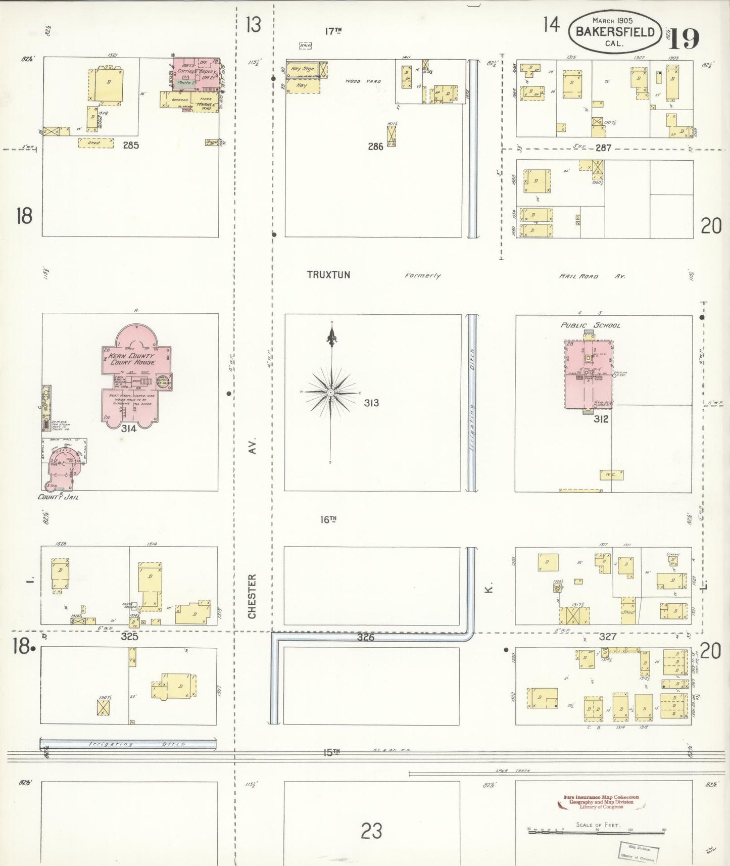 Sanborn Fire Insurance Map from Bakersfield, Kern County, California (1905), Sheet #0019 - Historic Sanborn Fire Insurance Map Print, vintage old map wall art, antique decor, genealogy gift, California California map