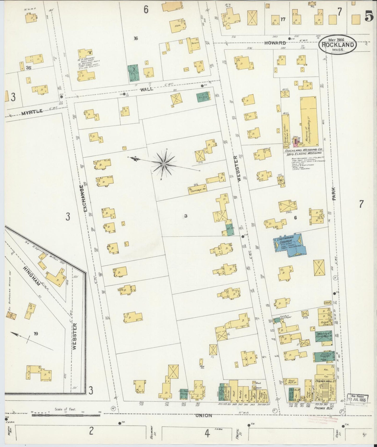 Sanborn Fire Insurance Map from Rockland, Plymouth County, Massachusetts (1906), Sheet #0005 - Historic Sanborn Fire Insurance Map Print, vintage old map wall art, antique decor, genealogy gift, Massachusetts Massachusetts map