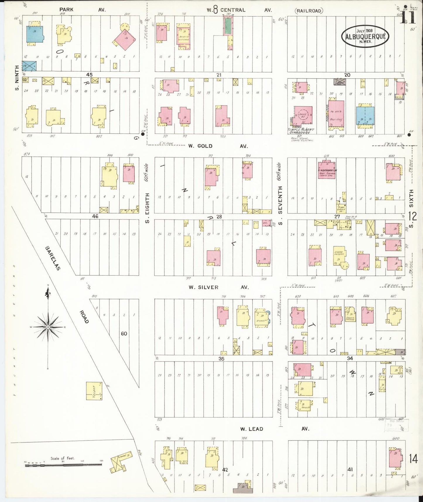 Sanborn Fire Insurance Map from Albuquerque, Bernalillo County, New Mexico (1908), Sheet #0011 - Historic Sanborn Fire Insurance Map Print, vintage old map wall art, antique decor, genealogy gift, New Mexico New Mexico map