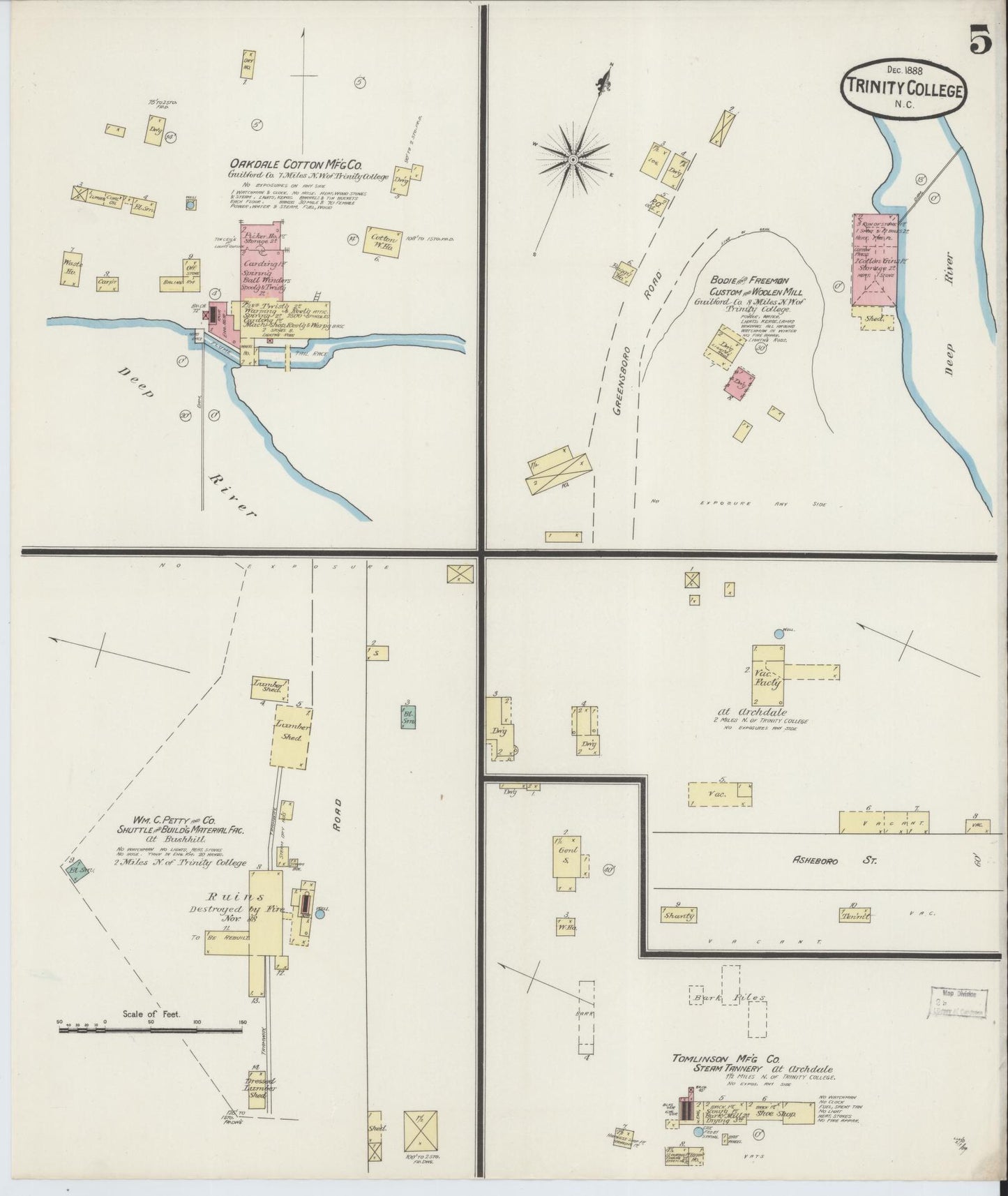 Sanborn Fire Insurance Map from Trinity College, Randolph County, North Carolina (1888), Sheet #0005 - Historic Sanborn Fire Insurance Map Print, vintage old map wall art, antique decor, genealogy gift, North Carolina North Carolina map