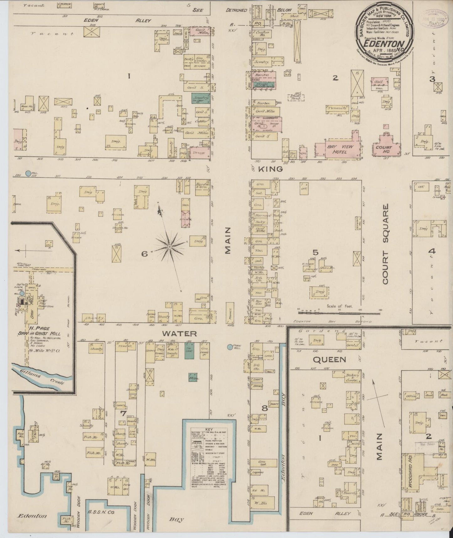 Sanborn Fire Insurance Map from Edenton, Chowan County, North Carolina (1885), Sheet #0001 - Historic Sanborn Fire Insurance Map Print, vintage old map wall art, antique decor, genealogy gift, North Carolina North Carolina map