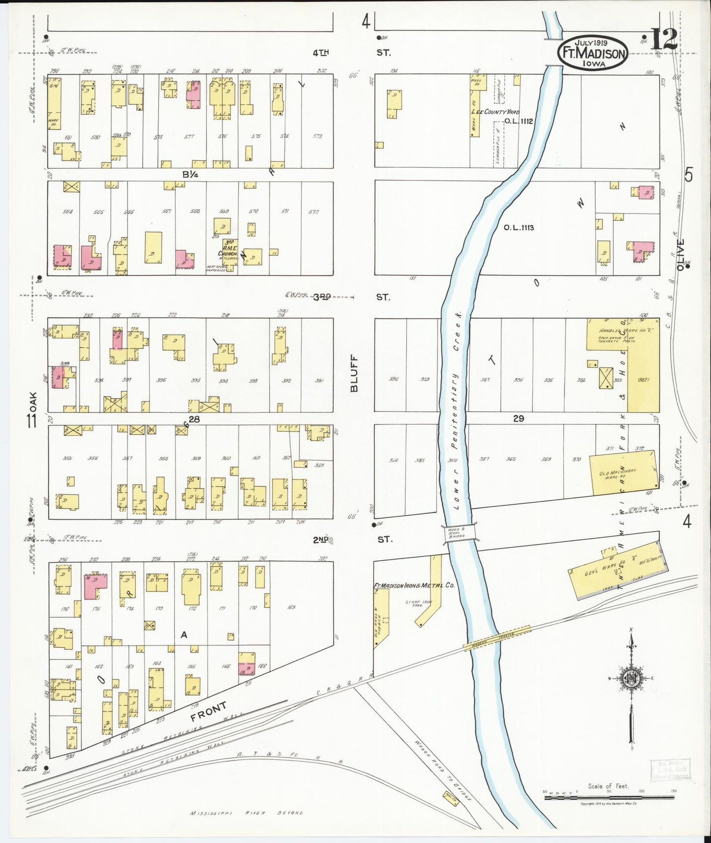 Sanborn Fire Insurance Map from Fort Madison, Lee County, Iowa (1919), Sheet #0012 - Historic Sanborn Fire Insurance Map Print, vintage old map wall art