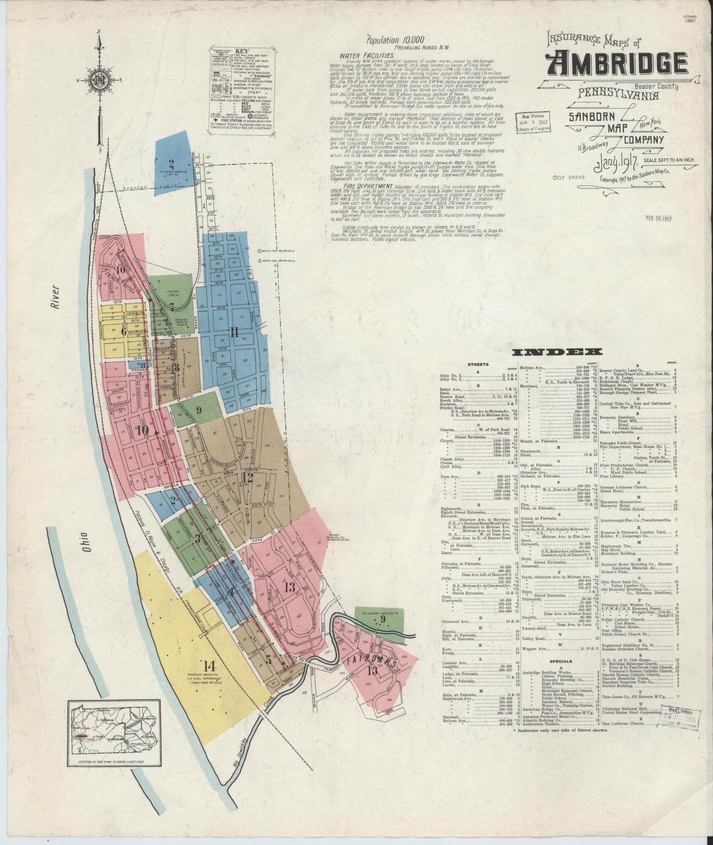 Sanborn Fire Insurance Map from Ambridge, Beaver County, Pennsylvania (1917), Sheet #0001 - Historic Sanborn Fire Insurance Map Print, vintage old map wall art, antique decor, genealogy gift, Pennsylvania Pennsylvania map