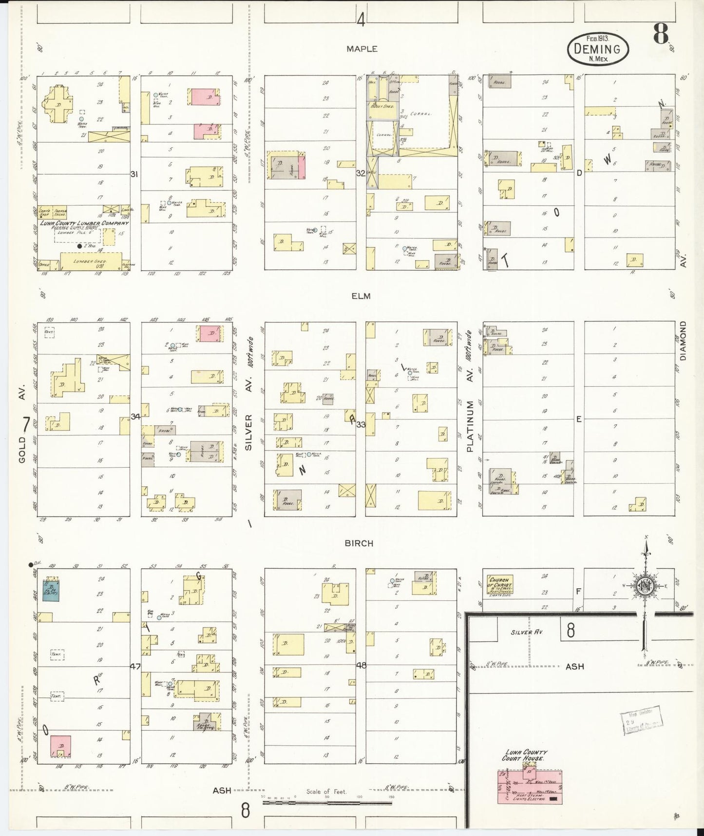 Sanborn Fire Insurance Map from Deming, Luna County, New Mexico (1913), Sheet #0008 - Historic Sanborn Fire Insurance Map Print, vintage old map wall art, antique decor, genealogy gift, New Mexico New Mexico map