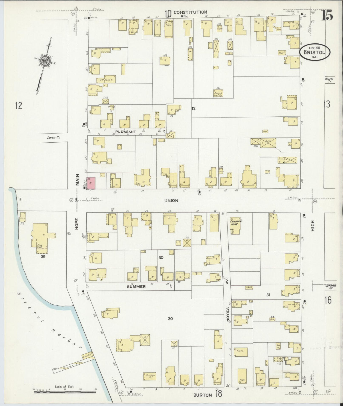 Sanborn Fire Insurance Map from Bristol, Bristol County, Rhode Island (1911), Sheet #0015 - Historic Sanborn Fire Insurance Map Print, vintage old map wall art, antique decor, genealogy gift, Rhode Island Rhode Island map