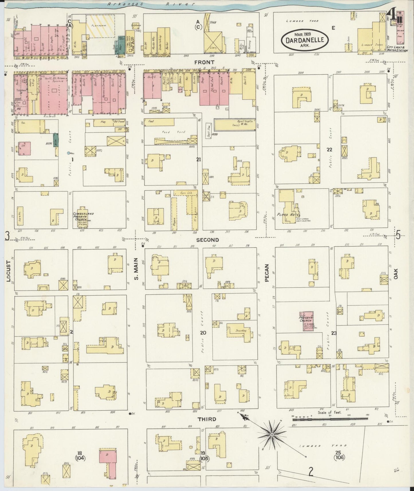 Sanborn Fire Insurance Map from Dardanelle, Yell County, Arkansas (1909), Sheet #0004 - Historic Sanborn Fire Insurance Map Print, vintage old map wall art, antique decor, genealogy gift, Arkansas Arkansas map