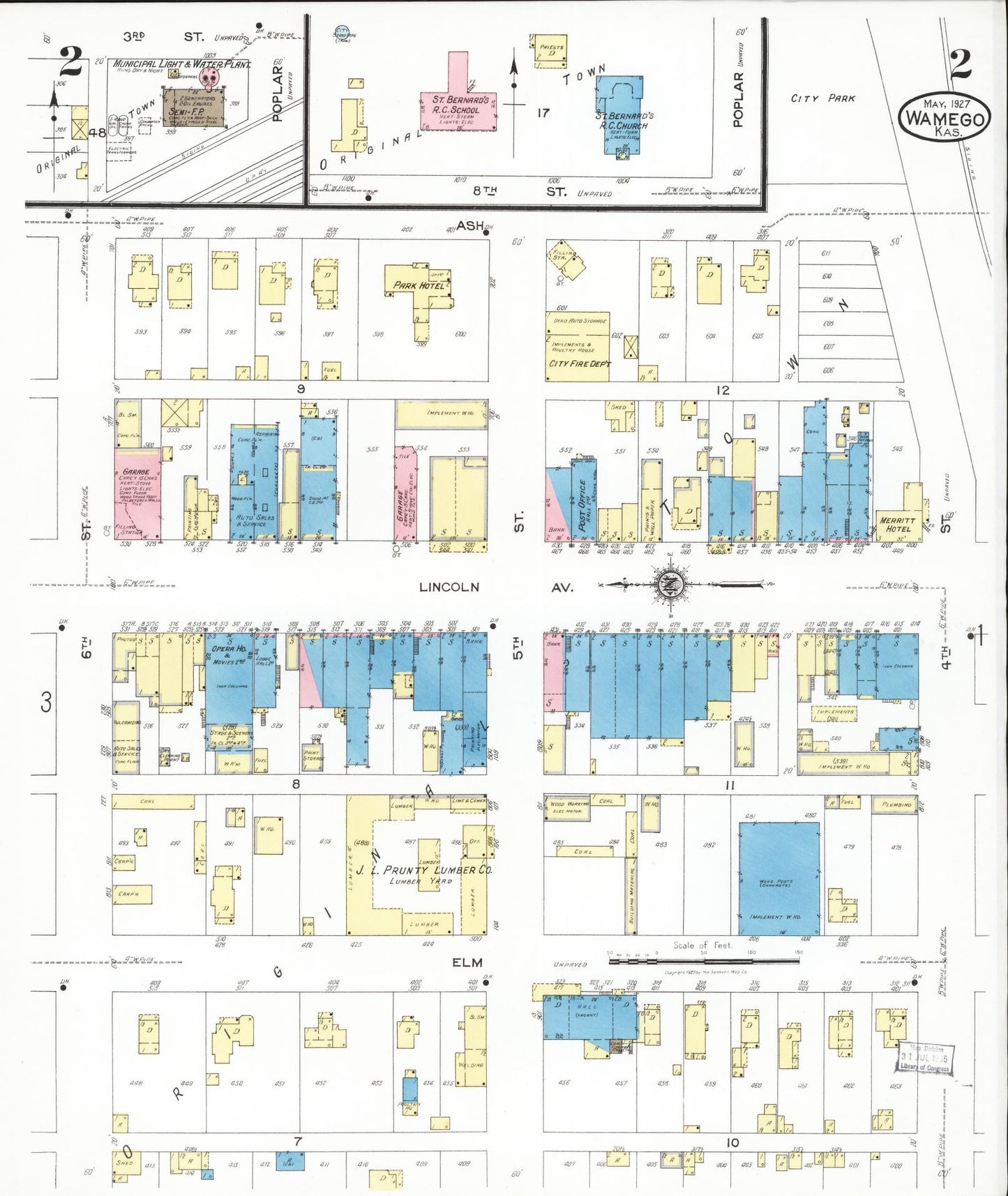 Sanborn Fire Insurance Map from Wamego, Pottawatomie County, Kansas (1927), Sheet #0002 - Historic Sanborn Fire Insurance Map Print, vintage old map wall art, antique decor, genealogy gift, Kansas Kansas map