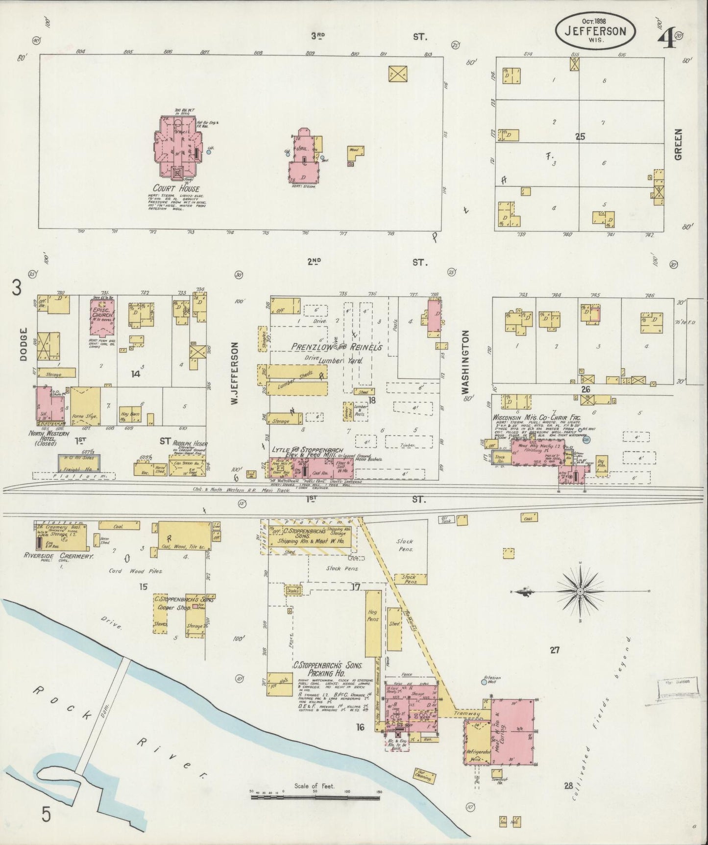 Sanborn Fire Insurance Map from Jefferson, Jefferson County, Wisconsin (1898), Sheet #0004 - Historic Sanborn Fire Insurance Map Print, vintage old map wall art, antique decor, genealogy gift, Wisconsin Wisconsin map