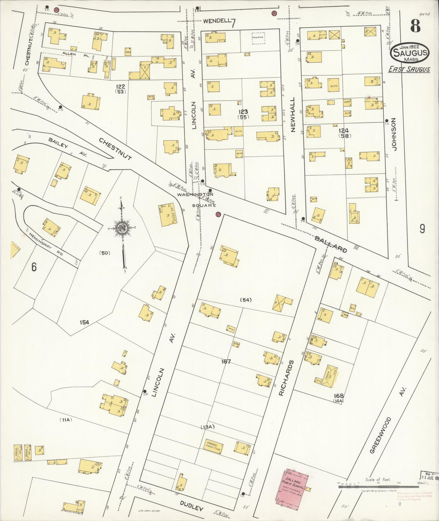 Sanborn Fire Insurance Map from Saugus, Essex County, Massachusetts (1922), Sheet #0008 - Historic Sanborn Fire Insurance Map Print, vintage old map wall art, antique decor, genealogy gift, Massachusetts Massachusetts map