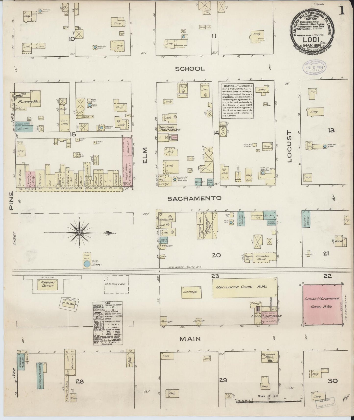 Sanborn Fire Insurance Map from Lodi, San Joaquin County, California (1884), Sheet #0001 - Historic Sanborn Fire Insurance Map Print, vintage old map wall art, antique decor, genealogy gift, California California map