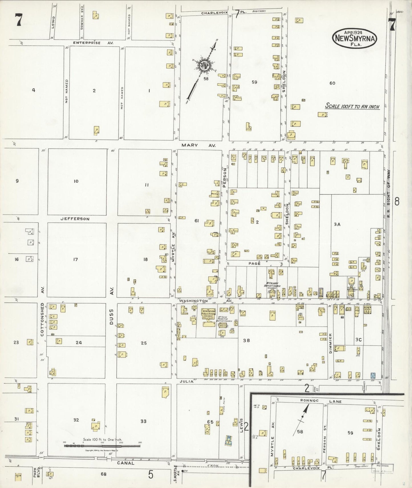 Sanborn Fire Insurance Map from New Smyrna, Valusia County, Florida (1924), Sheet #0007 - Historic Sanborn Fire Insurance Map Print, vintage old map wall art, antique decor, genealogy gift, Florida Florida map