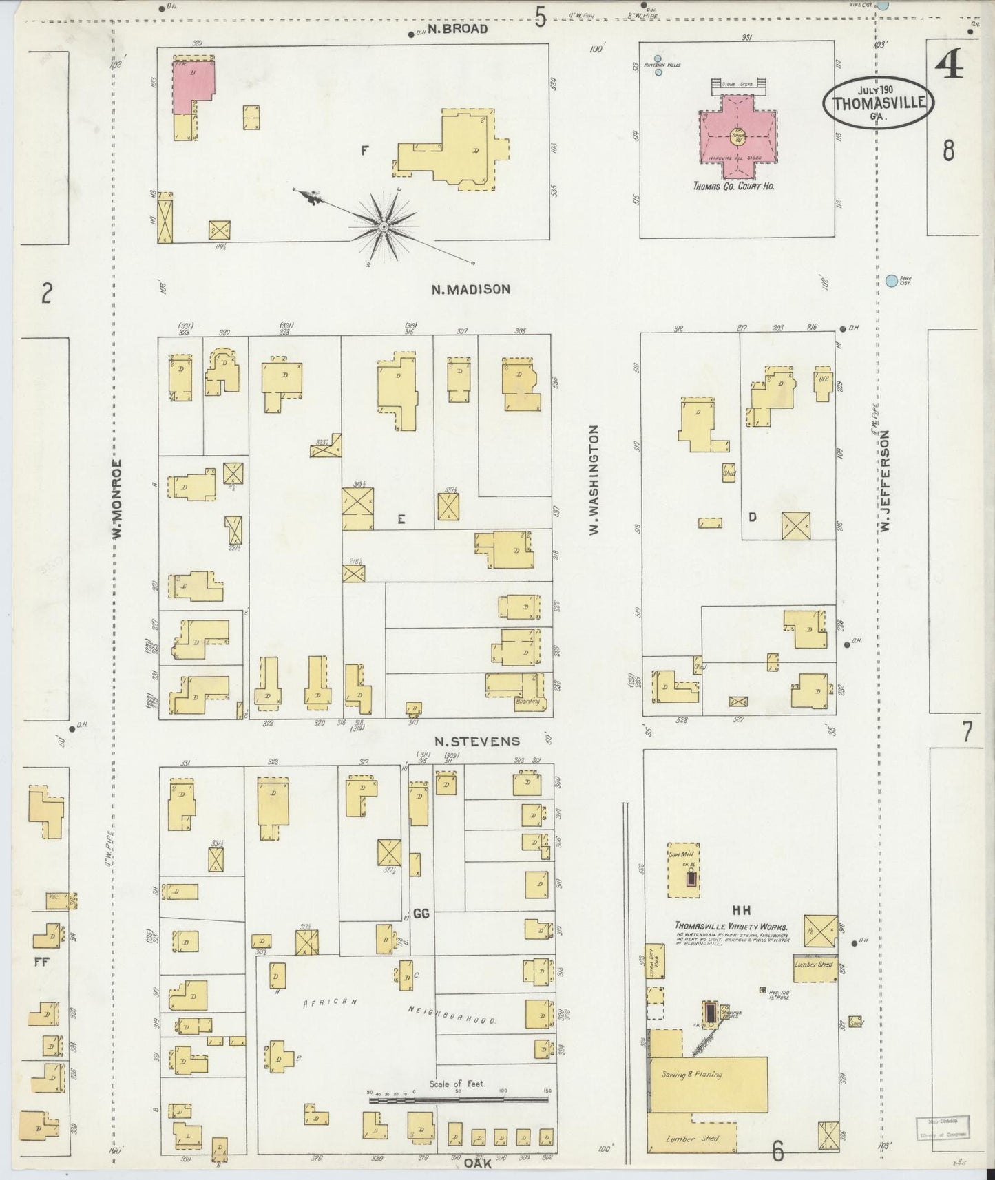 Sanborn Fire Insurance Map from Thomasville, Thomas County, Georgia (1905), Sheet #0004 - Historic Sanborn Fire Insurance Map Print, vintage old map wall art, antique decor, genealogy gift, Georgia Georgia map