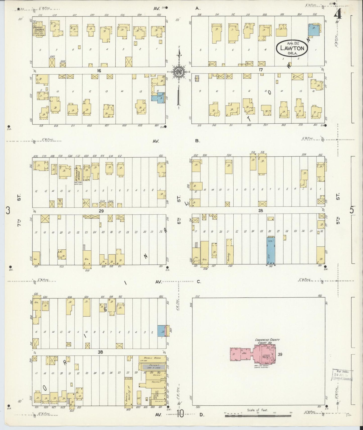 Sanborn Fire Insurance Map from Lawton, Comanche County, Oklahoma (1912), Sheet #0004 - Historic Sanborn Fire Insurance Map Print, vintage old map wall art, antique decor, genealogy gift, Oklahoma Oklahoma map