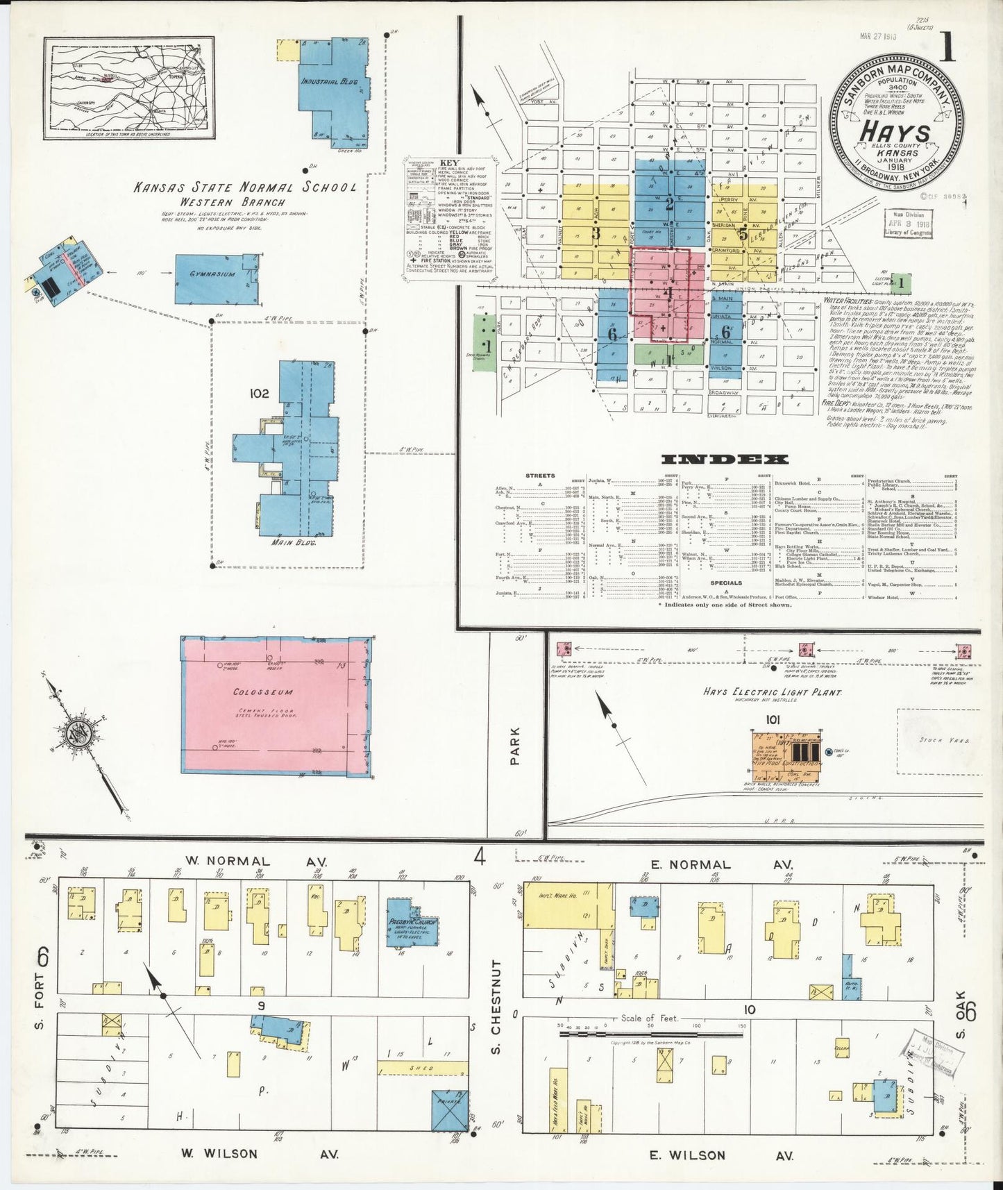 Sanborn Fire Insurance Map from Hays, Ellis County, Kansas (1918), Sheet #0001 - Historic Sanborn Fire Insurance Map Print, vintage old map wall art, antique decor, genealogy gift, Kansas Kansas map