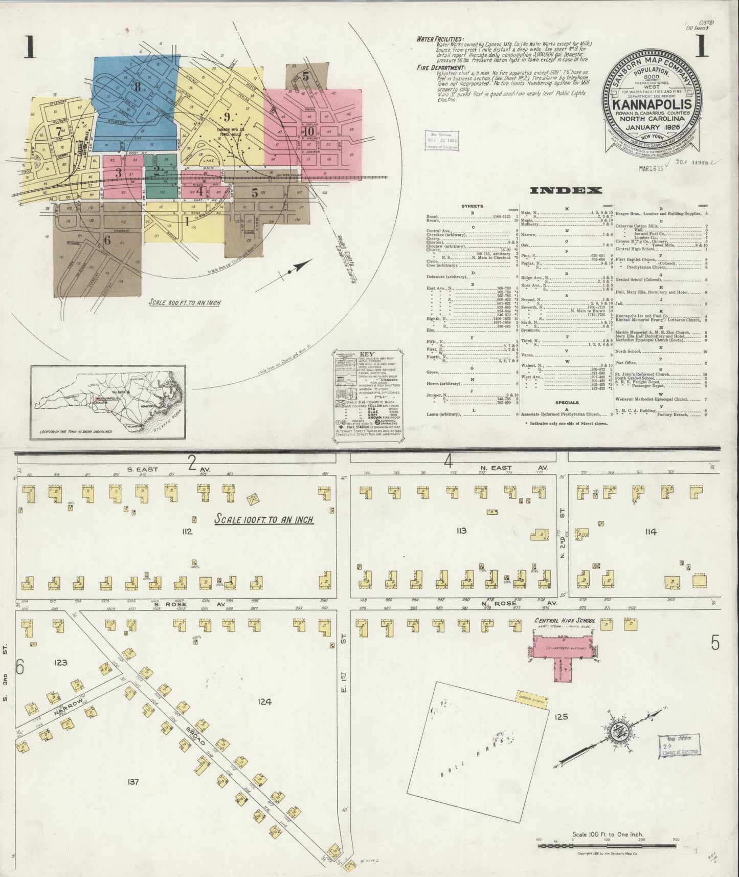 Sanborn Fire Insurance Map from Kannapolis, Rowan And Cabarrus Counties, North Carolina (1926), Sheet #0001 - Historic Sanborn Fire Insurance Map Print, vintage old map wall art, antique decor, genealogy gift, North Carolina North Carolina map