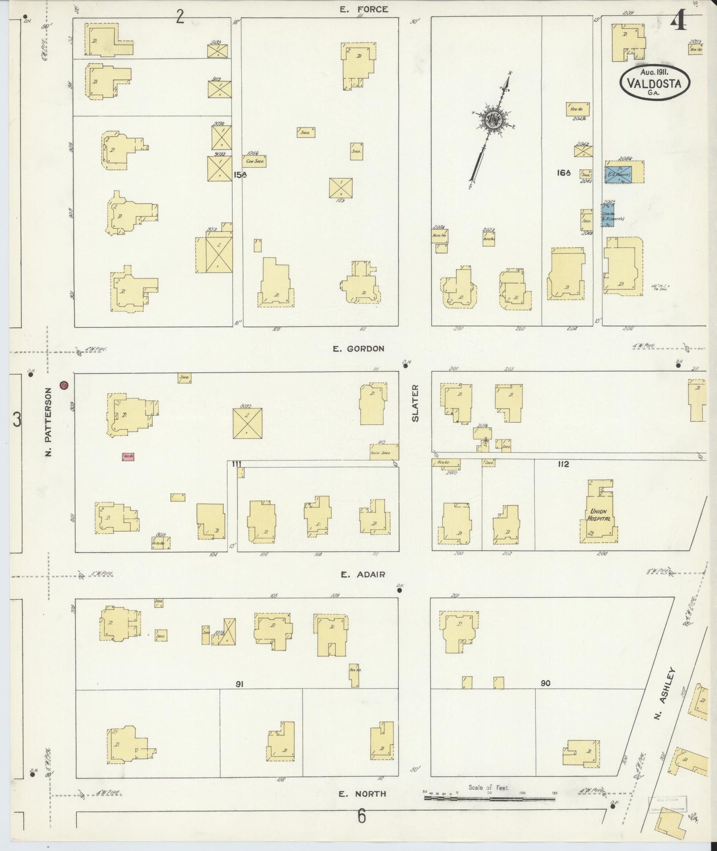Sanborn Fire Insurance Map from Valdosta, Lowndes County, Georgia (1911), Sheet #0004 - Historic Sanborn Fire Insurance Map Print, vintage old map wall art, antique decor, genealogy gift, Georgia Georgia map