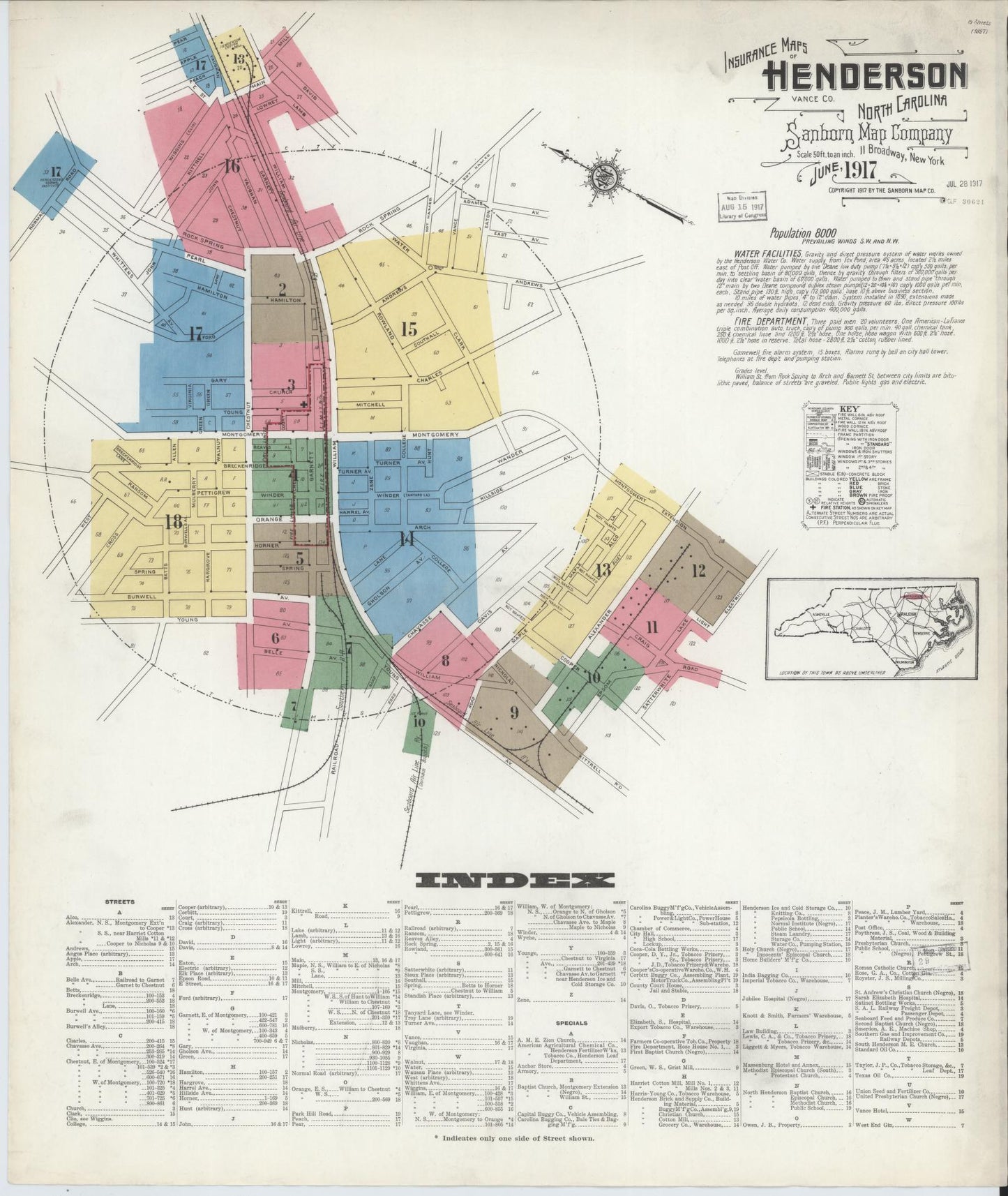 Sanborn Fire Insurance Map from Henderson, Vance County, North Carolina (1917), Sheet #0001 - Historic Sanborn Fire Insurance Map Print, vintage old map wall art, antique decor, genealogy gift, North Carolina North Carolina map