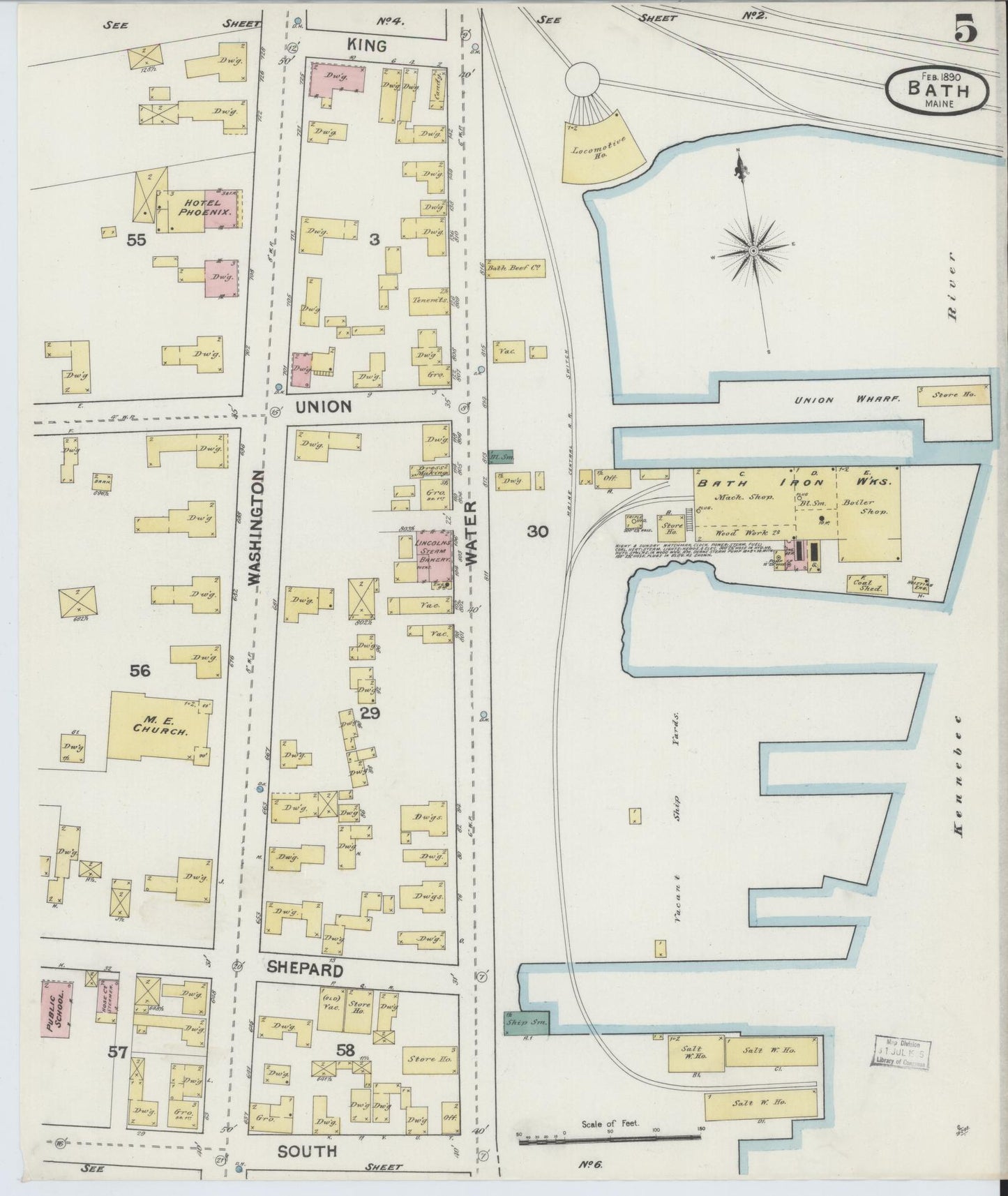 Sanborn Fire Insurance Map from Bath, Sagadahoc County, Maine (1890), Sheet #0005 - Historic Sanborn Fire Insurance Map Print, vintage old map wall art, antique decor, genealogy gift, Maine Maine map
