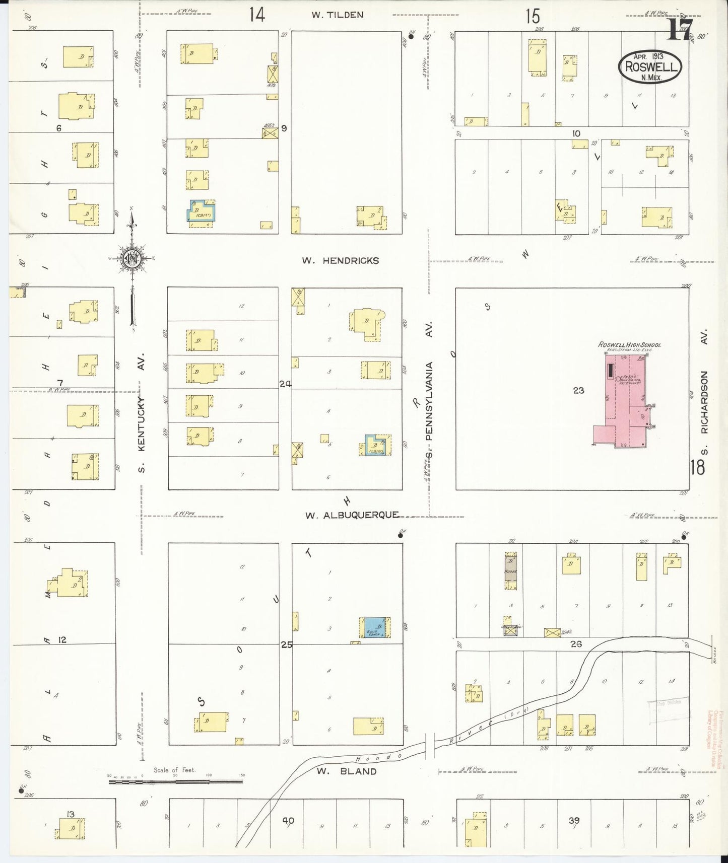 Sanborn Fire Insurance Map from Roswell, Chaves County, New Mexico (1913), Sheet #0017 - Historic Sanborn Fire Insurance Map Print, vintage old map wall art, antique decor, genealogy gift, New Mexico New Mexico map