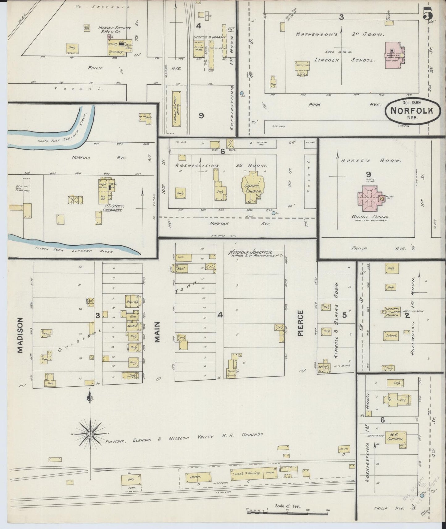 Sanborn Fire Insurance Map from Norfolk, Madison County, Nebraska (1889), Sheet #0005 - Complete Map Set gallery image, historic Sanborn map, vintage wall art, Nebraska Nebraska