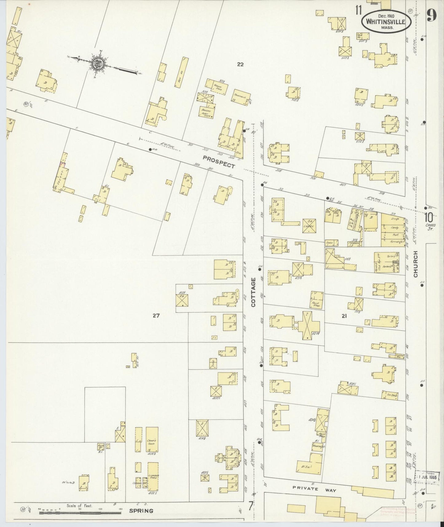 Sanborn Fire Insurance Map from Whitinsville, Worcester County, Massachusetts (1910), Sheet #0009 - Historic Sanborn Fire Insurance Map Print, vintage old map wall art, antique decor, genealogy gift, Massachusetts Massachusetts map