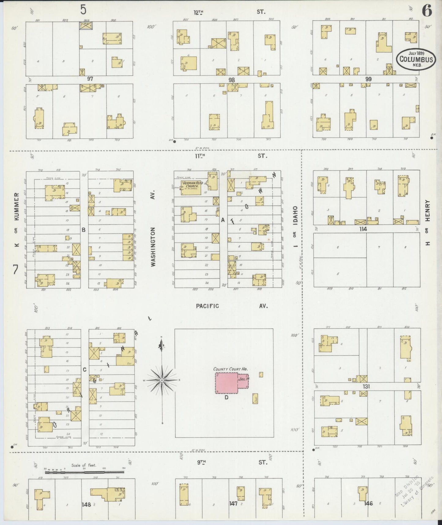 Sanborn Fire Insurance Map from Columbus, Platte County, Nebraska (1899), Sheet #0006 - Historic Sanborn Fire Insurance Map Print, vintage old map wall art, antique decor, genealogy gift, Nebraska Nebraska map
