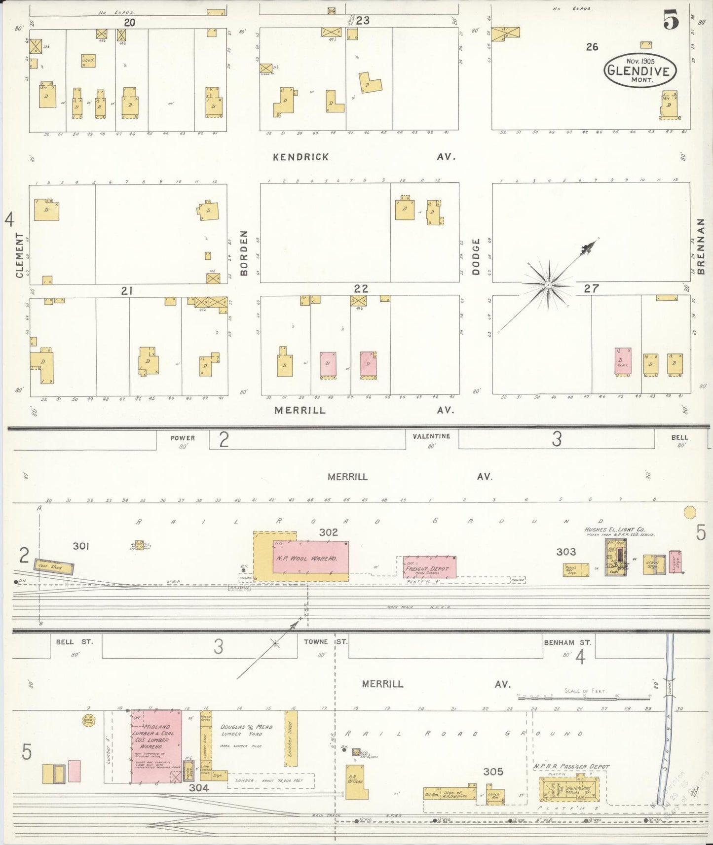 Sanborn Fire Insurance Map from Glendive, Dawson County, Montana (1905), Sheet #0005 - Historic Sanborn Fire Insurance Map Print, vintage old map wall art, antique decor, genealogy gift, Montana Montana map