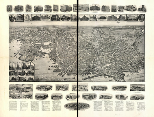 Aero view of New London, Connecticut 1911. (1911) – Historic Bird’s-Eye View Panorama Print