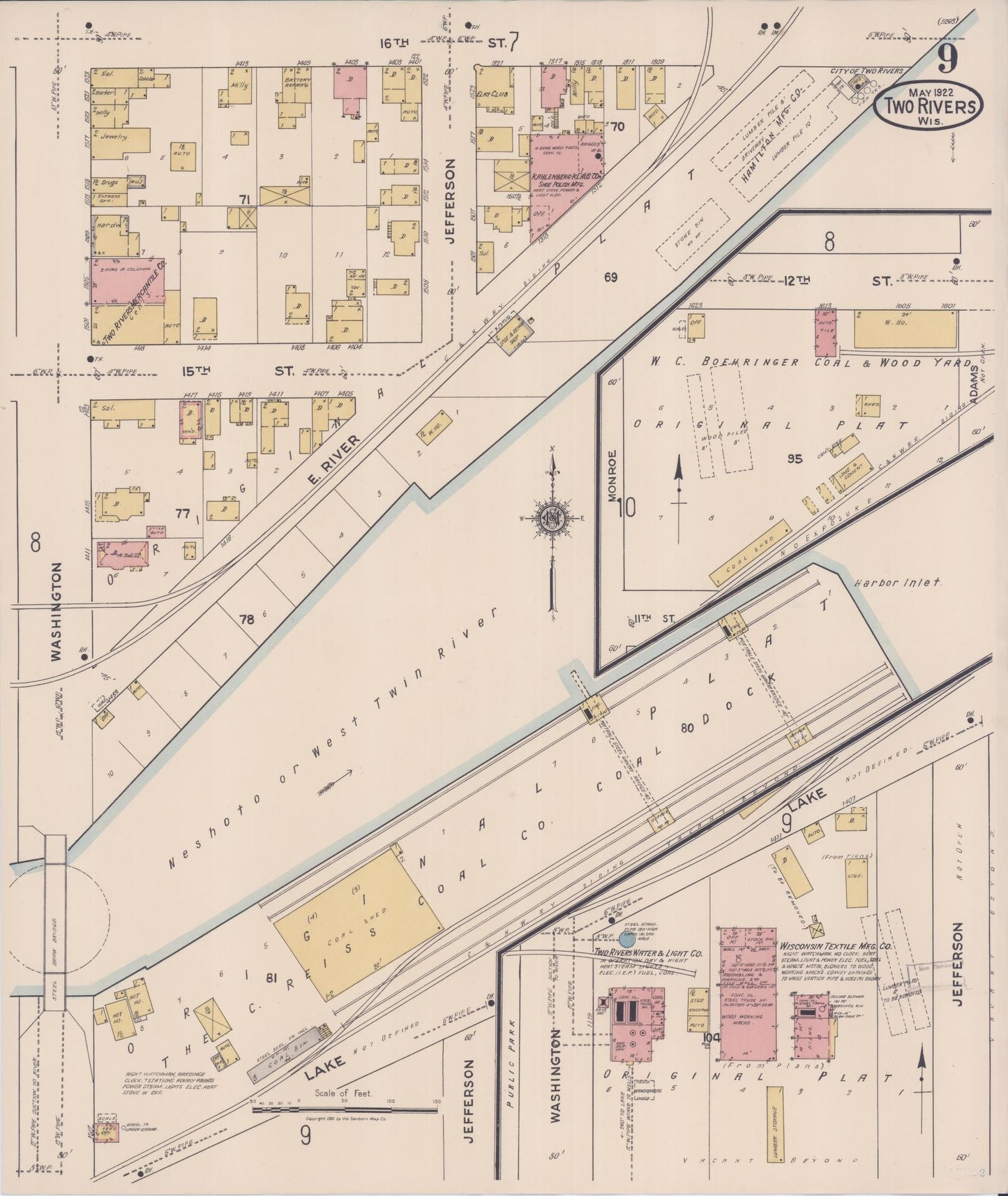 Sanborn Fire Insurance Map from Two Rivers, Manitowoc County, Wisconsin (1922), Sheet #0009 - Historic Sanborn Fire Insurance Map Print, vintage old map wall art, antique decor, genealogy gift, Wisconsin Wisconsin map