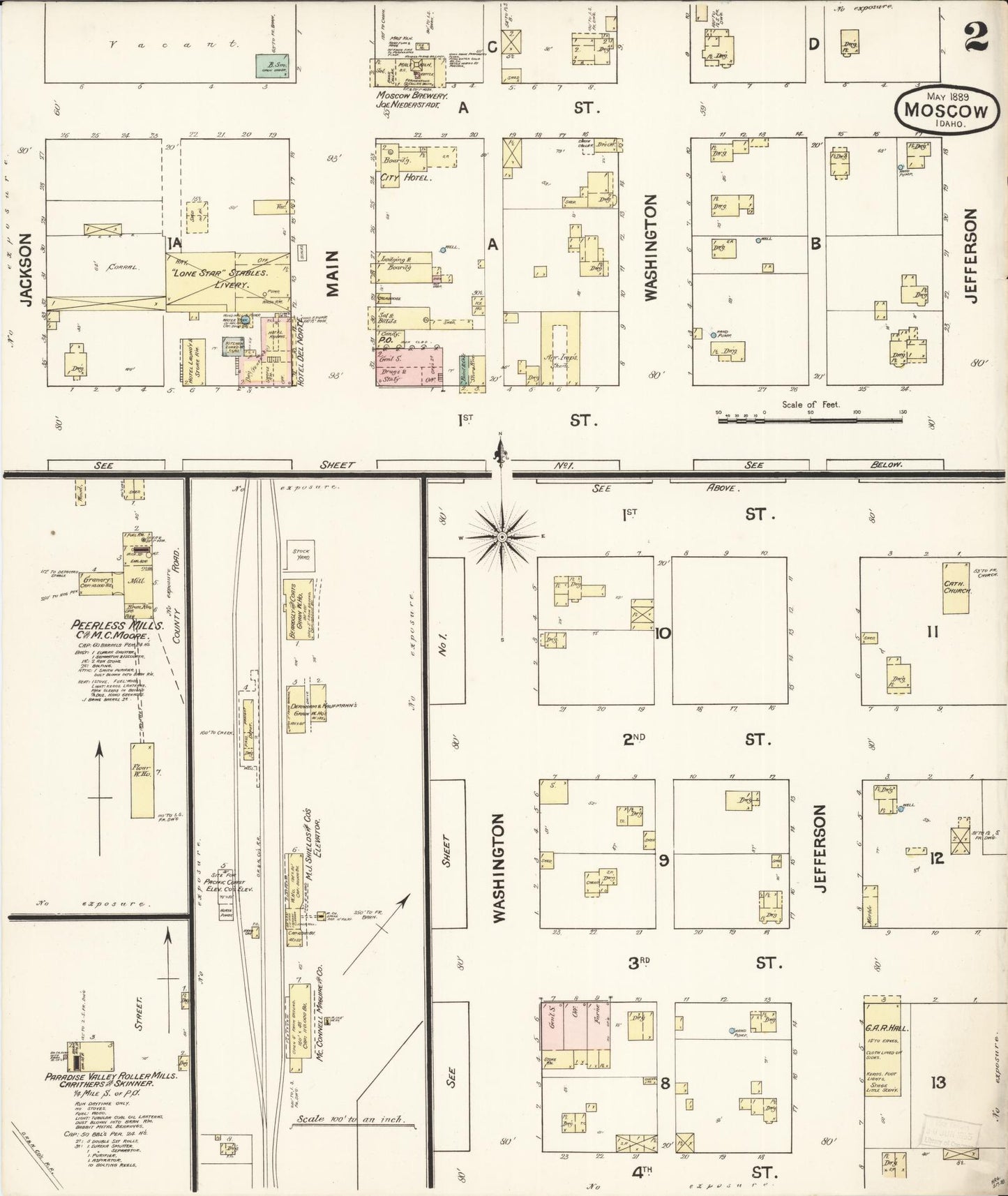 Sanborn Fire Insurance Map from Moscow, Latah County, Idaho (1889), Sheet #0002 - Historic Sanborn Fire Insurance Map Print, vintage old map wall art, antique decor, genealogy gift, Idaho Idaho map