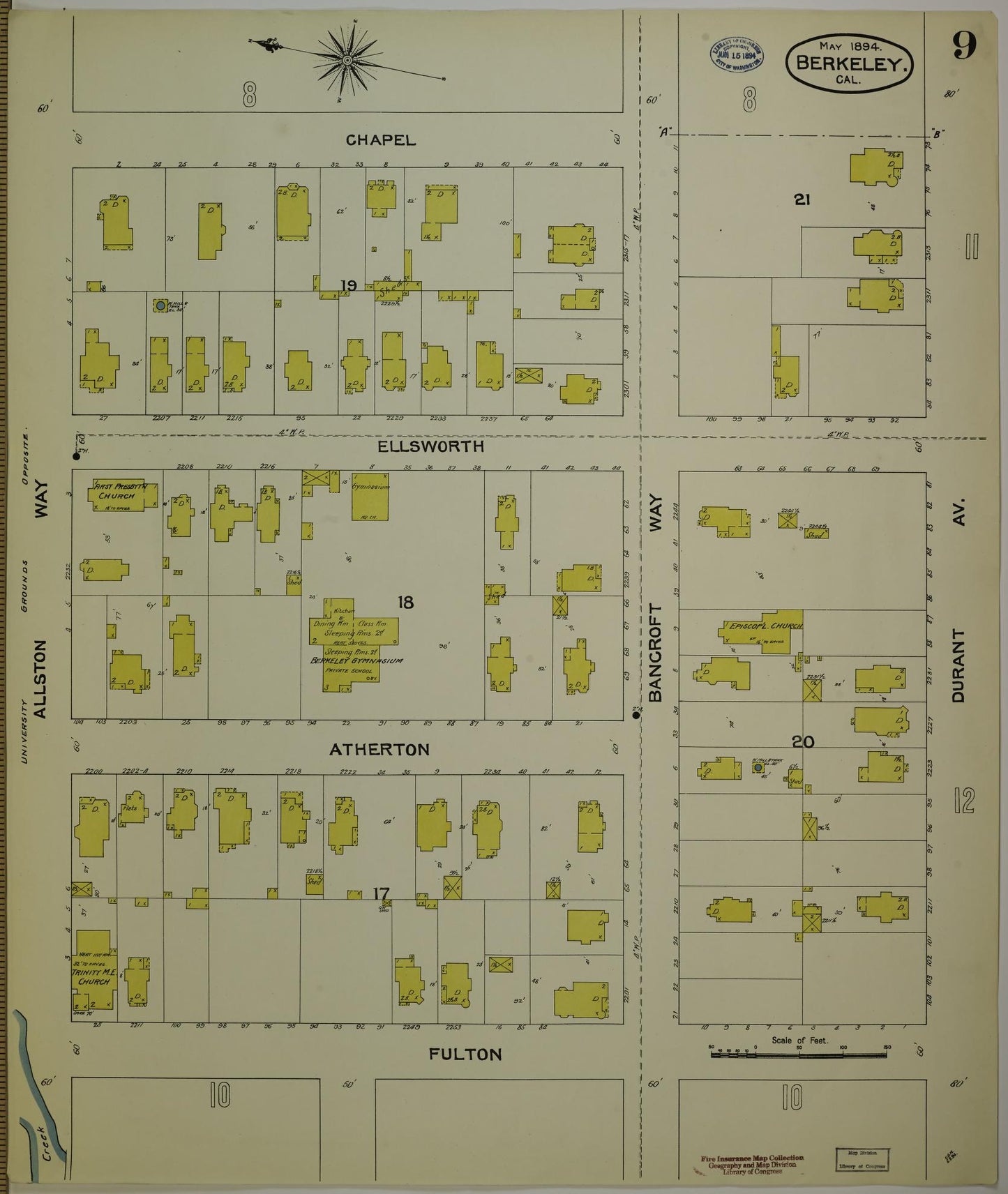 Sanborn Fire Insurance Map from Berkeley, Alameda County, California (1894), Sheet #0009 - Historic Sanborn Fire Insurance Map Print, vintage old map wall art, antique decor, genealogy gift, California California map