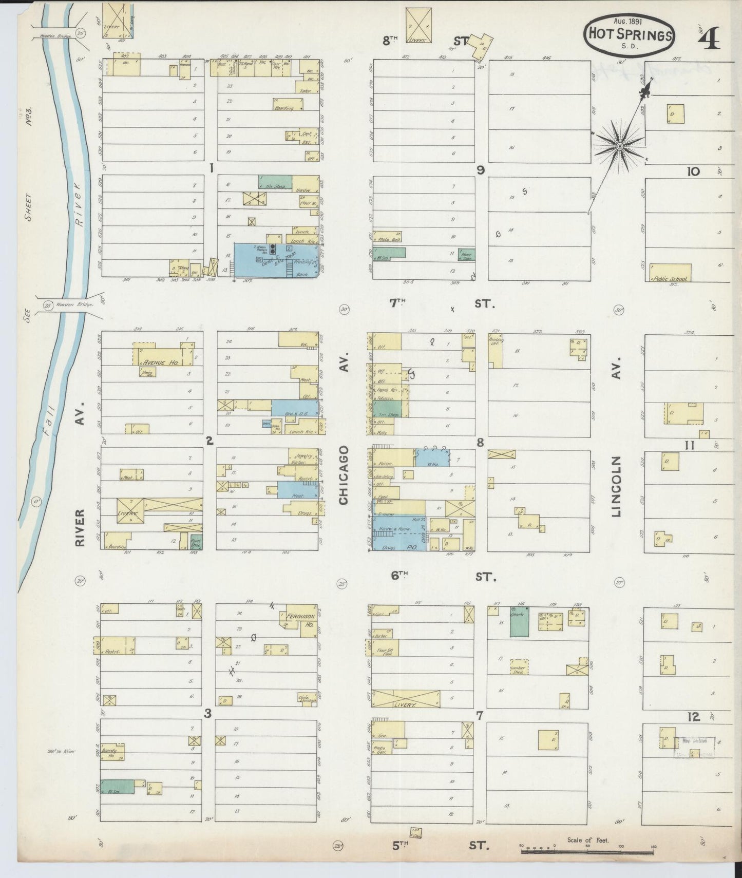 Sanborn Fire Insurance Map from Hot Springs, Fall River County, South Dakota (1891), Sheet #0004 - Complete Map Set gallery image, historic Sanborn map, vintage wall art, South Dakota South Dakota