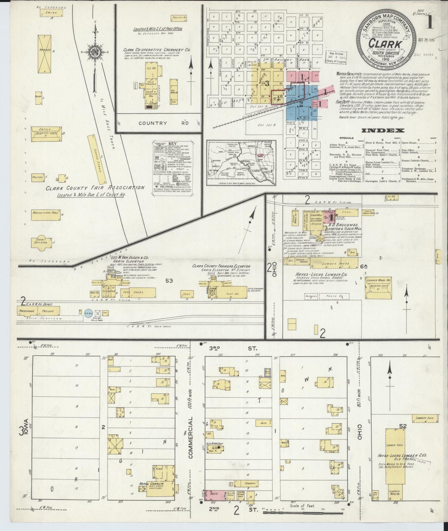 Sanborn Fire Insurance Map from Clark, Clark County, South Dakota (1916), Sheet #0001 - Historic Sanborn Fire Insurance Map Print, vintage old map wall art, antique decor, genealogy gift, South Dakota South Dakota map