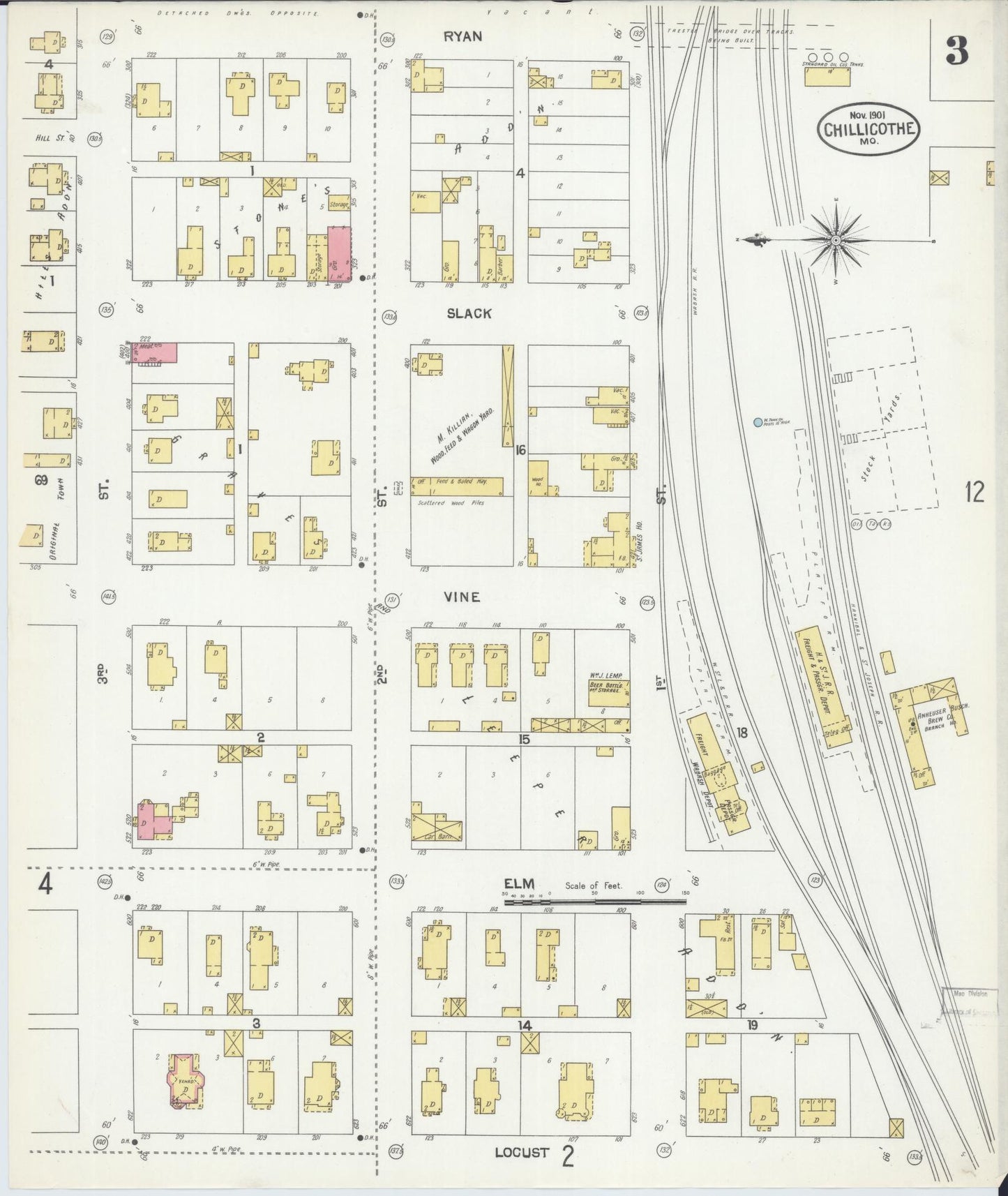 Sanborn Fire Insurance Map from Chillicothe, Livingston County, Missouri (1901), Sheet #0003 - Historic Sanborn Fire Insurance Map Print, vintage old map wall art, antique decor, genealogy gift, Missouri Missouri map