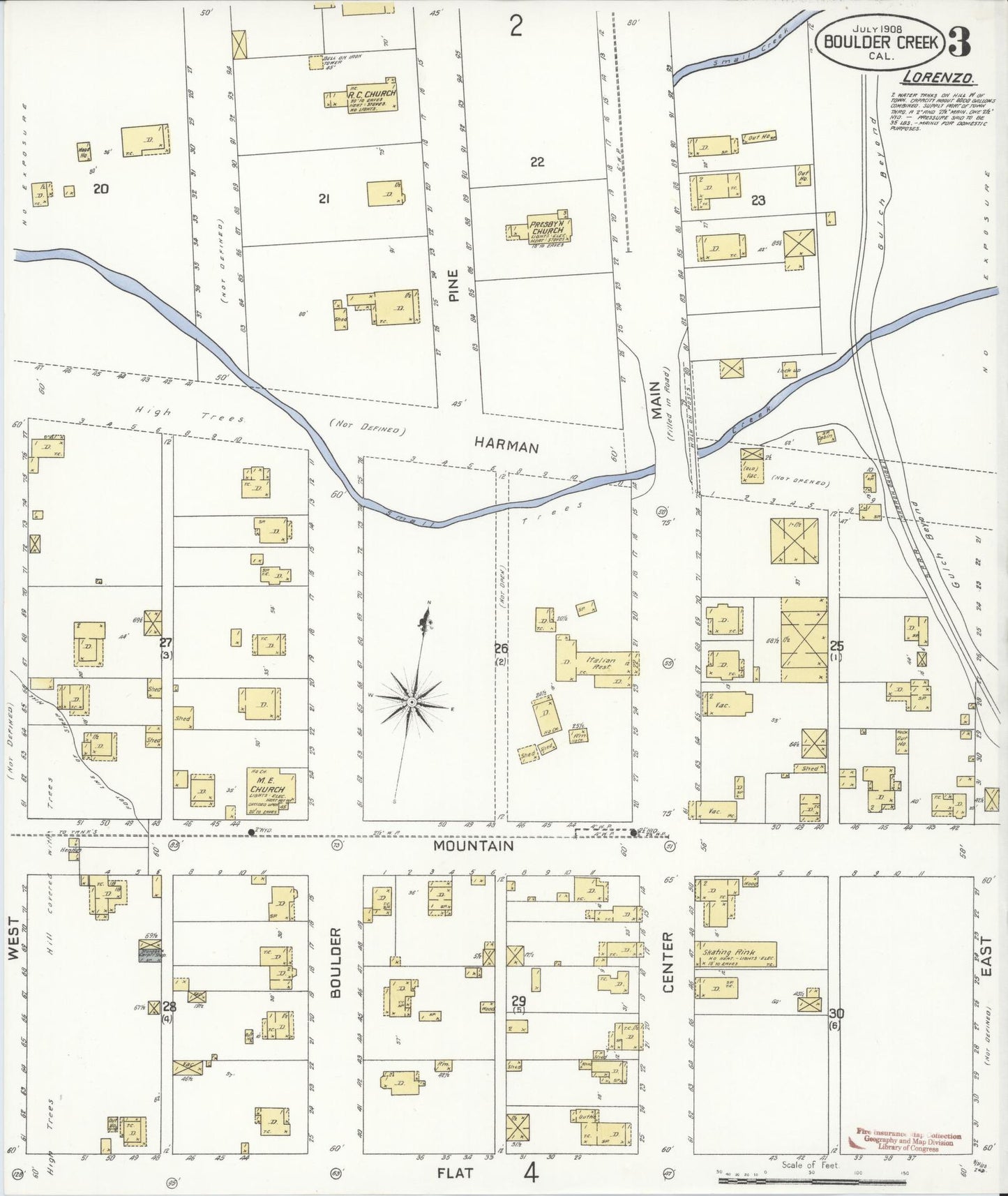 Sanborn Fire Insurance Map from Boulder Creek, Santa Cruz County, California (1908), Sheet #0003 - Historic Sanborn Fire Insurance Map Print, vintage old map wall art, antique decor, genealogy gift, California California map