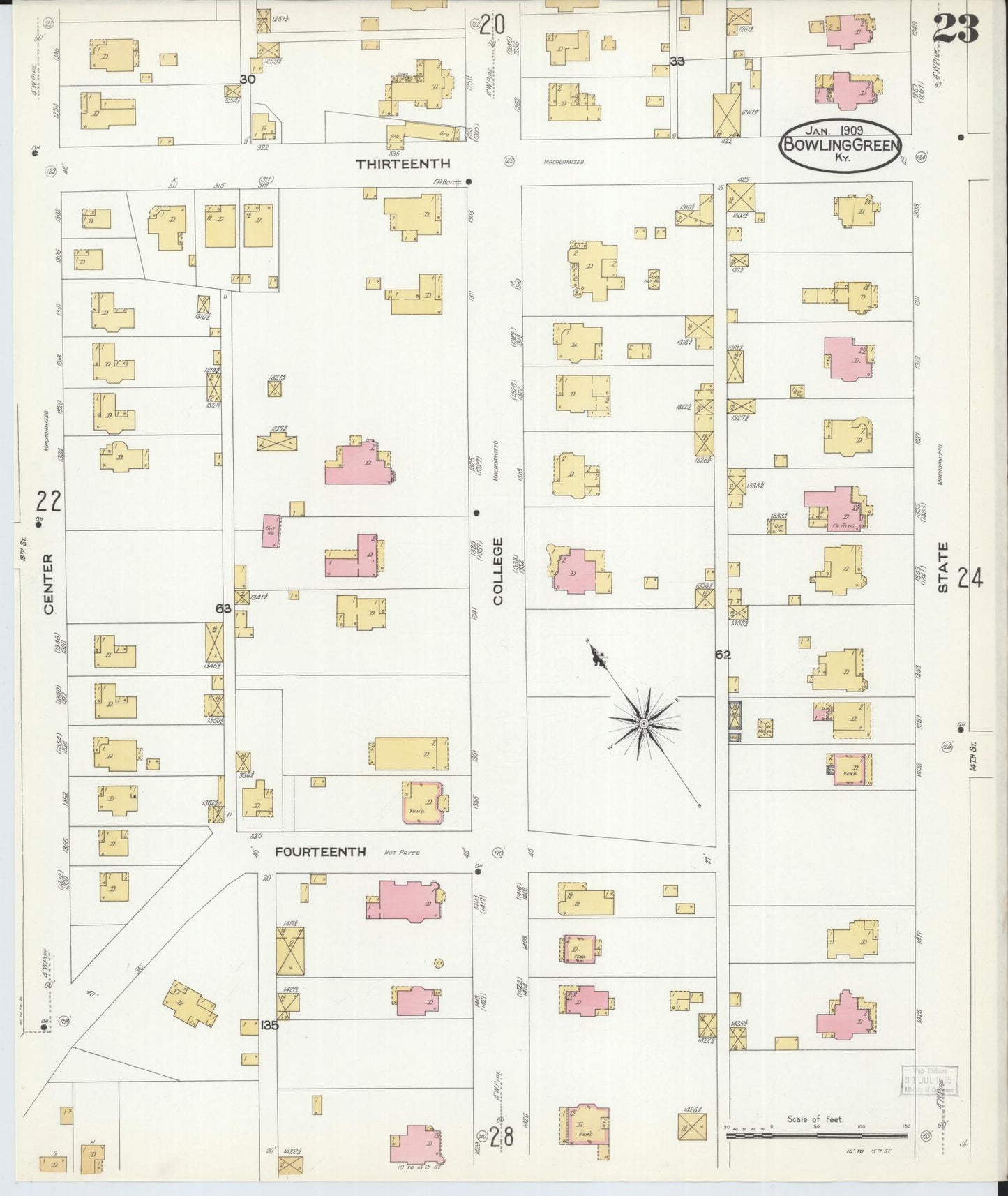 Sanborn Fire Insurance Map from Bowling Green, Warren County, Kentucky (1909), Sheet #0023 - Historic Sanborn Fire Insurance Map Print, vintage old map wall art, antique decor, genealogy gift, Kentucky Kentucky map