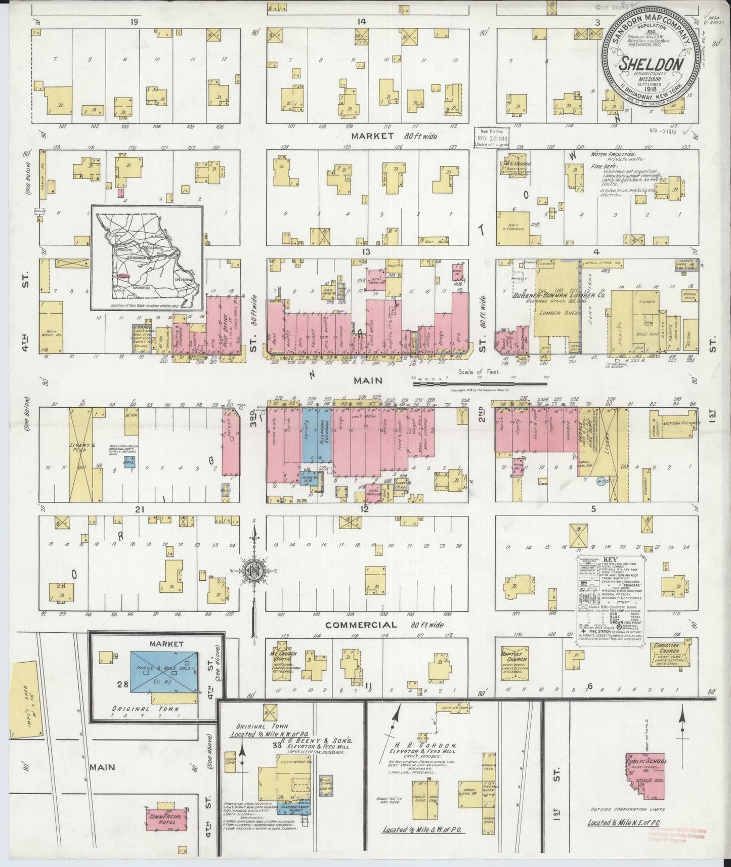 Sanborn Fire Insurance Map from Sheldon, Vernon County, Missouri (1918), Sheet #0001 - Historic Sanborn Fire Insurance Map Print, vintage old map wall art, antique decor, genealogy gift, Missouri Missouri map