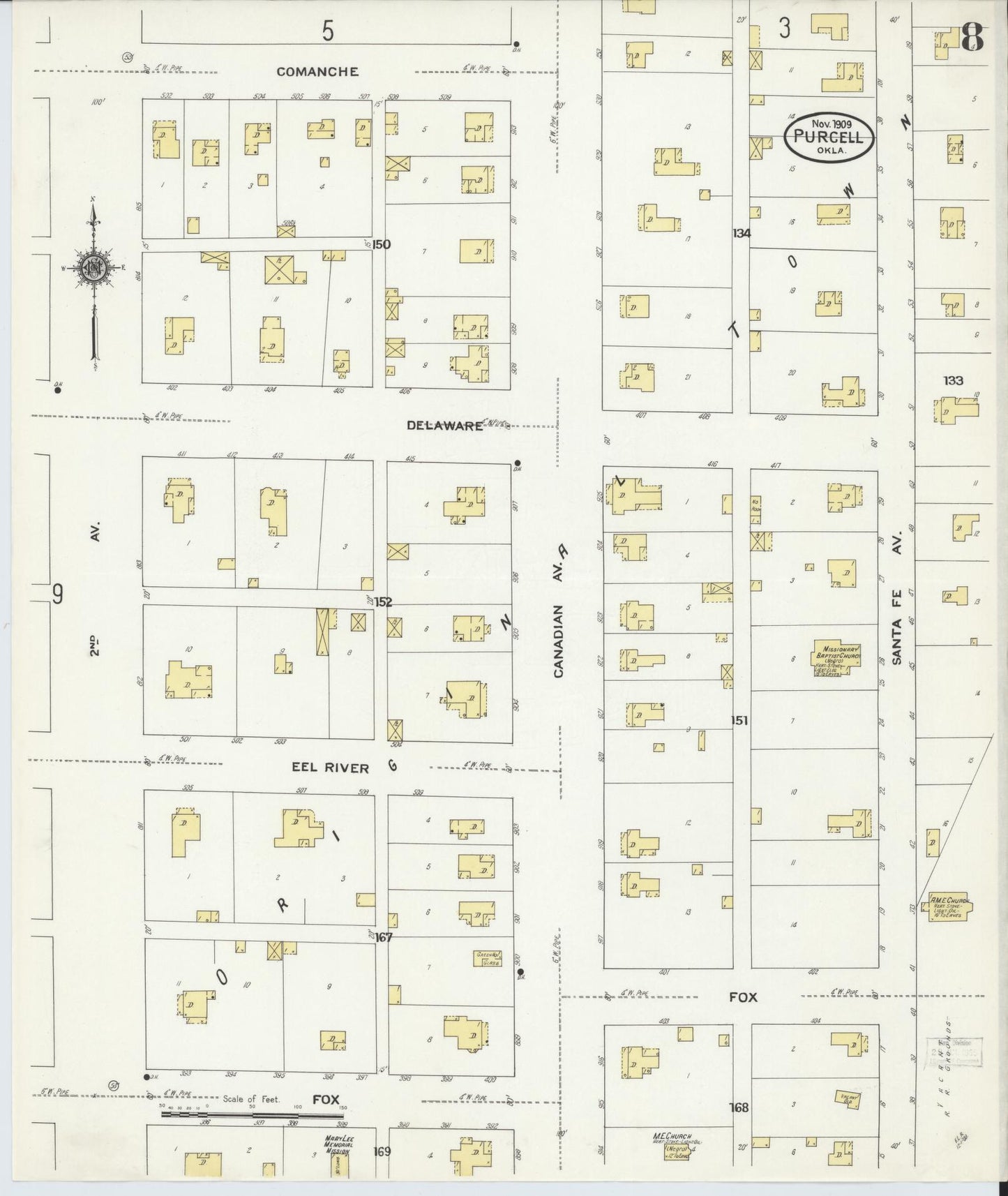Sanborn Fire Insurance Map from Purcell, McClain County, Oklahoma (1909), Sheet #0008 - Historic Sanborn Fire Insurance Map Print, vintage old map wall art, antique decor, genealogy gift, Oklahoma Oklahoma map