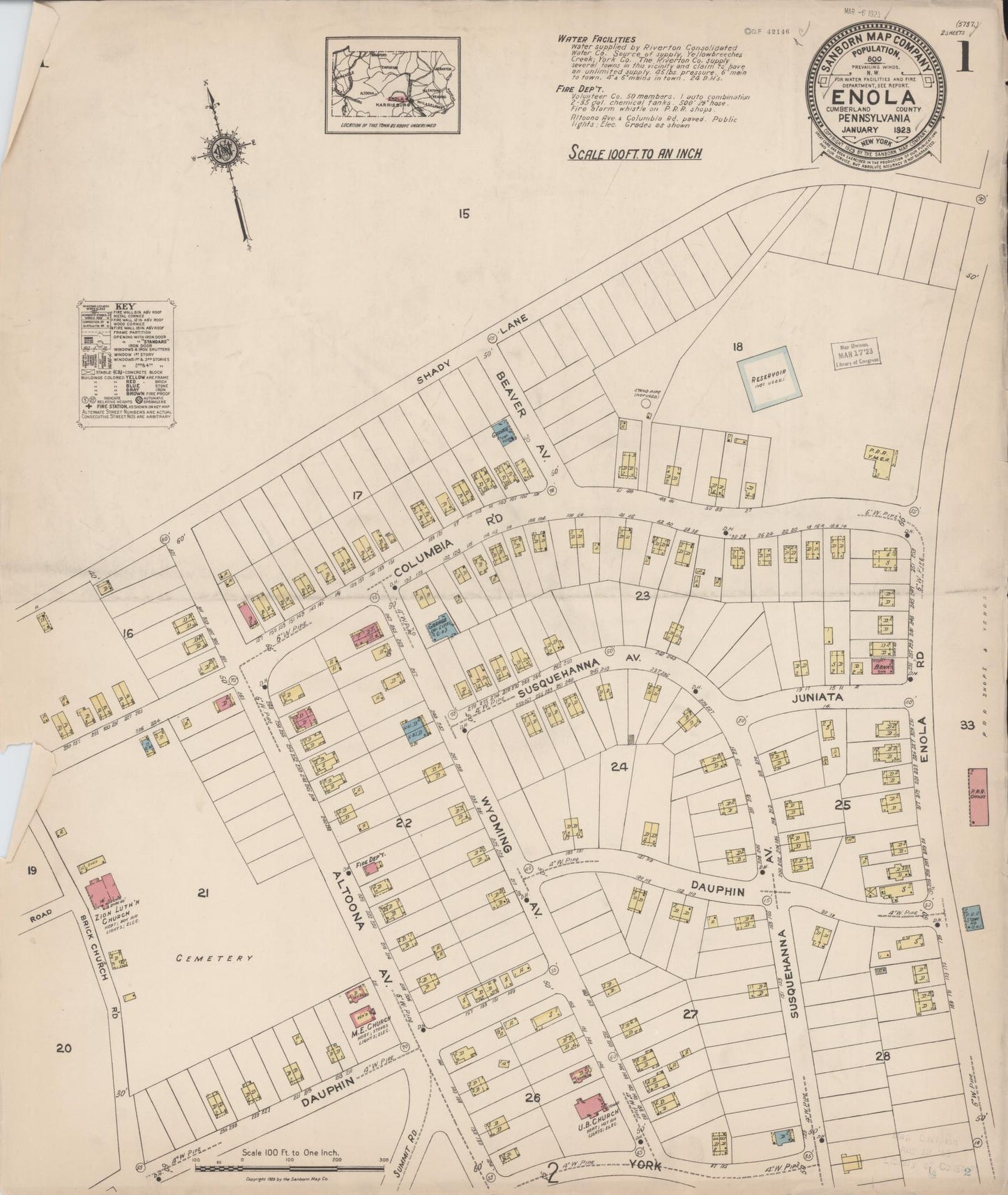 Sanborn Fire Insurance Map from Enola, Cumberland County, Pennsylvania (1923), Sheet #0001 - Historic Sanborn Fire Insurance Map Print, vintage old map wall art, antique decor, genealogy gift, Pennsylvania Pennsylvania map