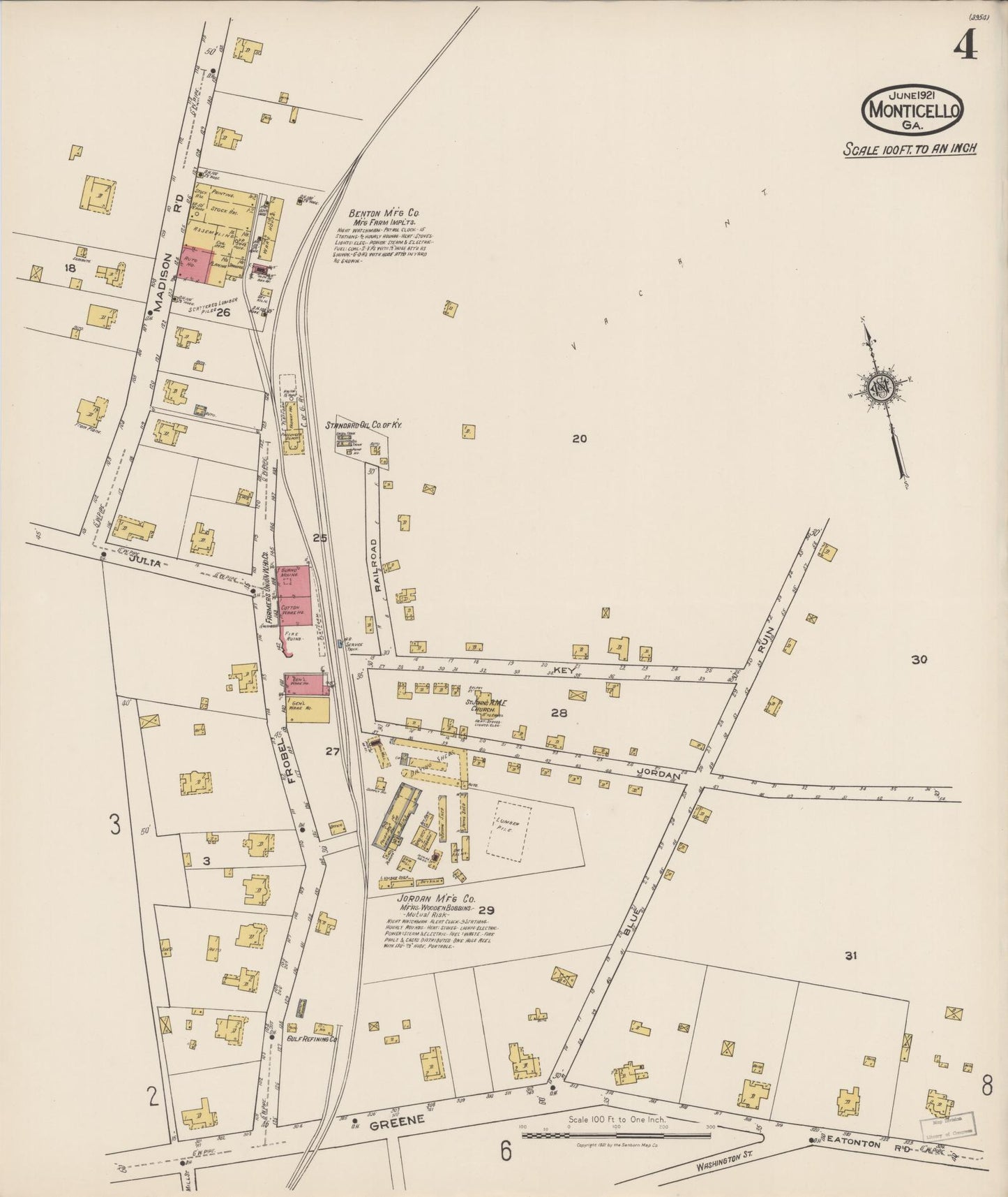 Sanborn Fire Insurance Map from Monticello, Jasper County, Georgia (1921), Sheet #0004 - Historic Sanborn Fire Insurance Map Print, vintage old map wall art, antique decor, genealogy gift, Georgia Georgia map