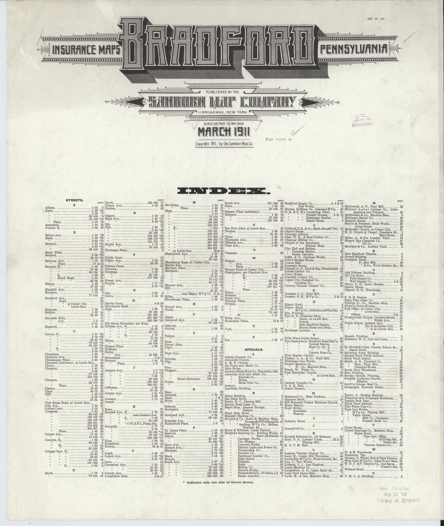 Sanborn Fire Insurance Map from Bradford, McKean County, Pennsylvania (1911), Sheet #0001 - Historic Sanborn Fire Insurance Map Print, vintage old map wall art, antique decor, genealogy gift, Pennsylvania Pennsylvania map