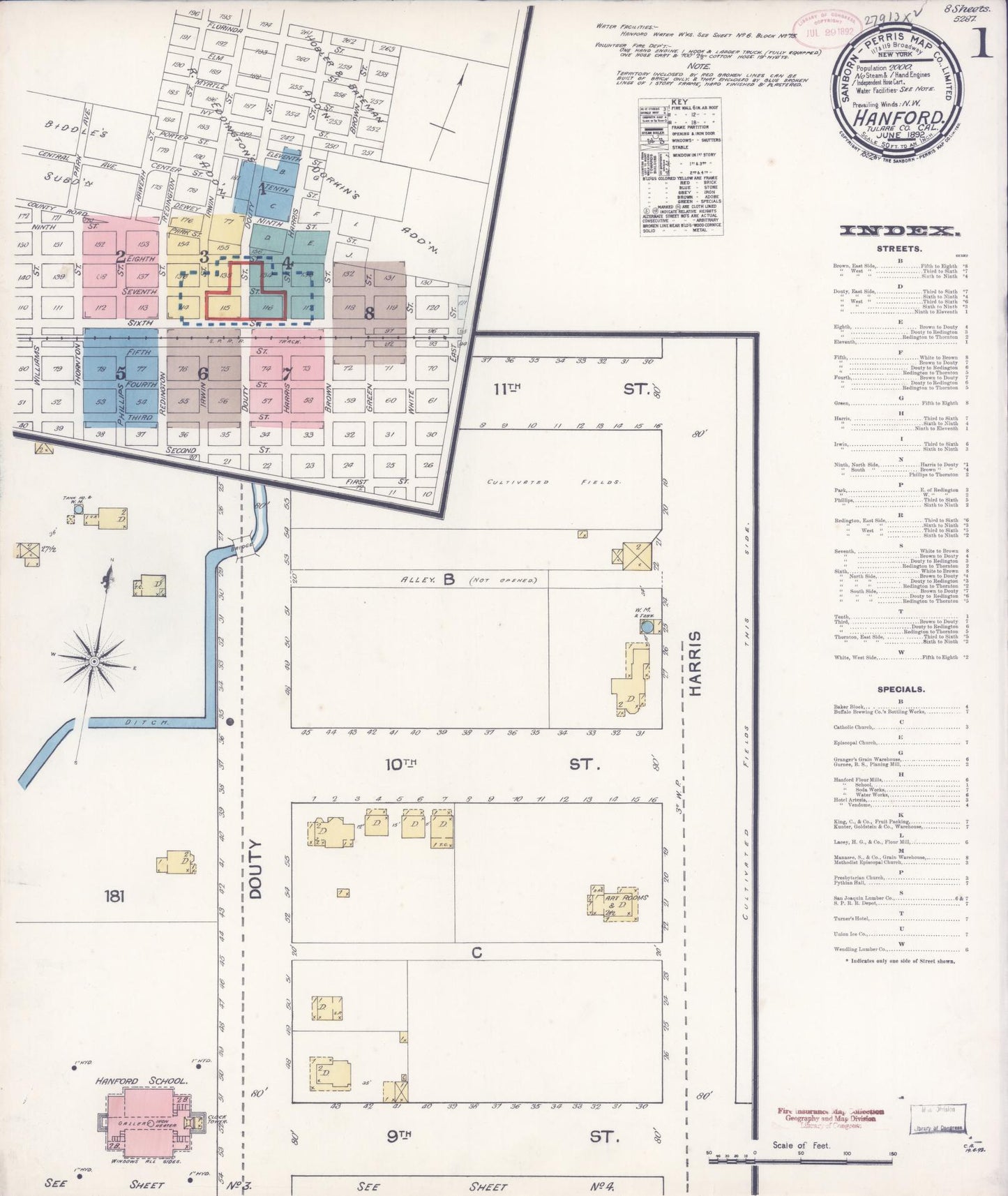 Sanborn Fire Insurance Map from Hanford, Kings County, California (1892), Sheet #0001 - Historic Sanborn Fire Insurance Map Print, vintage old map wall art, antique decor, genealogy gift, California California map
