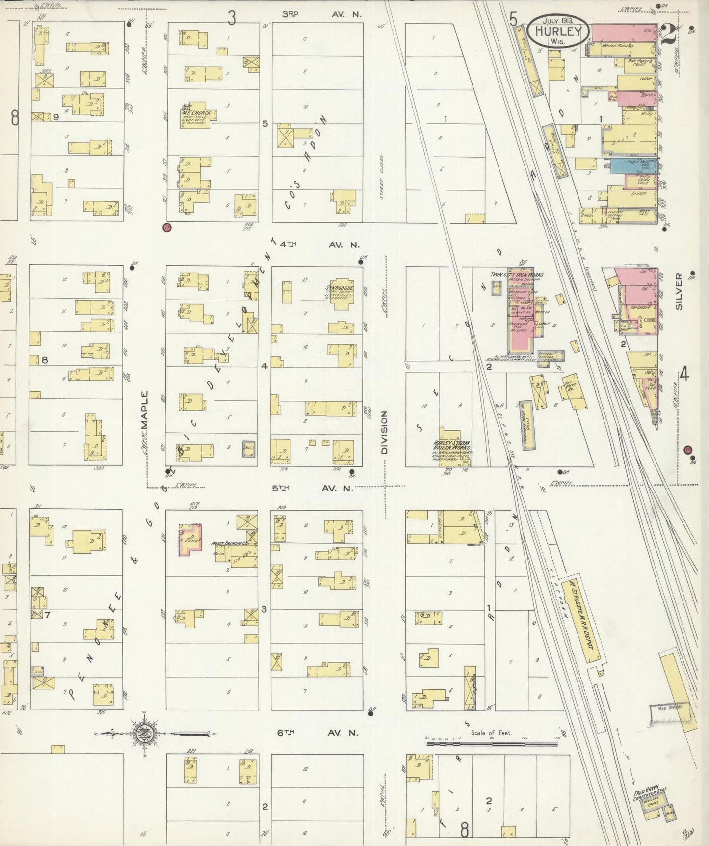 Sanborn Fire Insurance Map from Hurley, Iron County, Wisconsin (1913), Sheet #0002 - Historic Sanborn Fire Insurance Map Print, vintage old map wall art, antique decor, genealogy gift, Wisconsin Wisconsin map