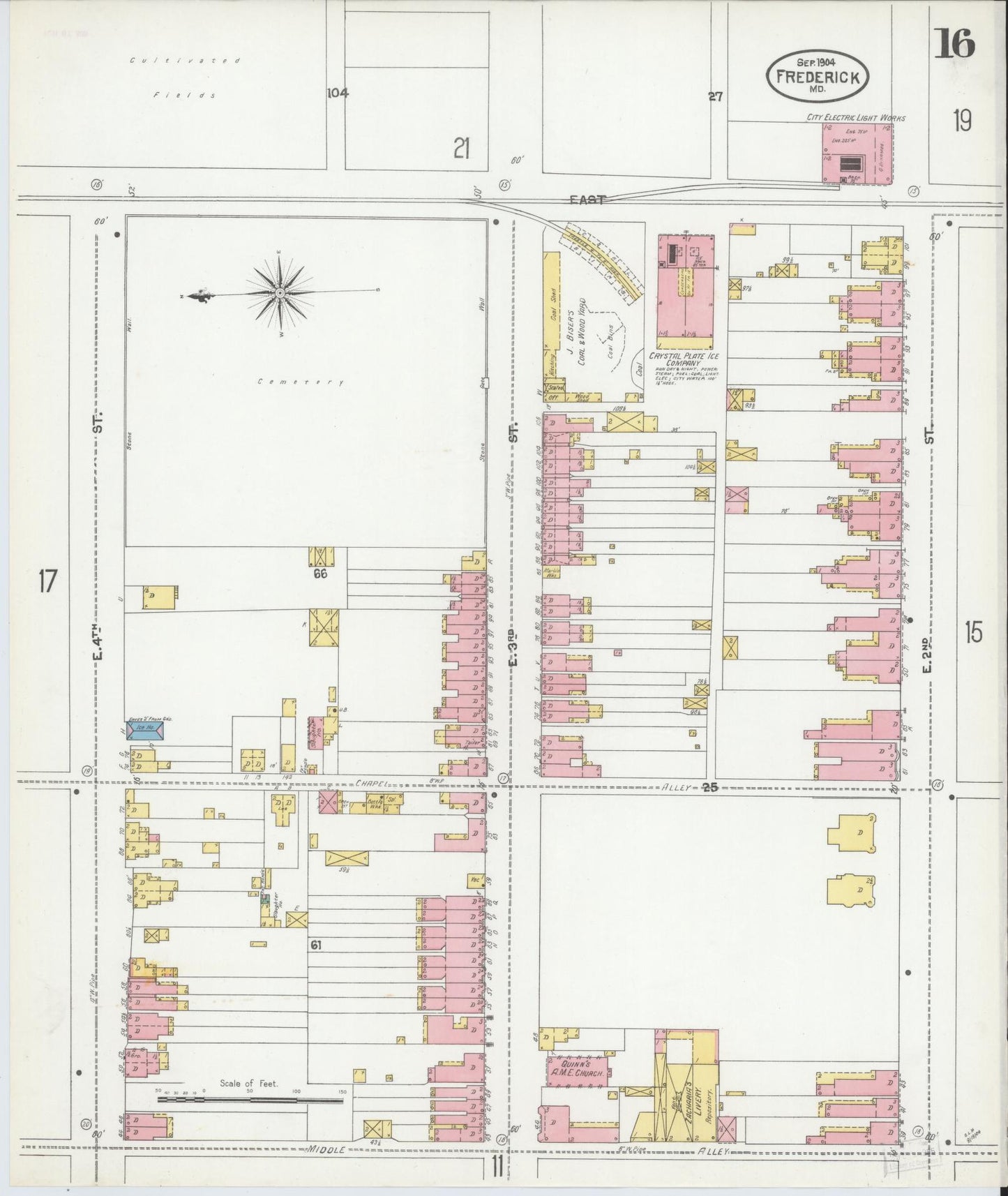 Frederick, Maryland - 1904 - Sanborn Fire Insurance Map, Sheet #0016 - Historic Sanborn Fire Insurance Map Print, Frederick Maryland 1904 0016 vintage old map wall art