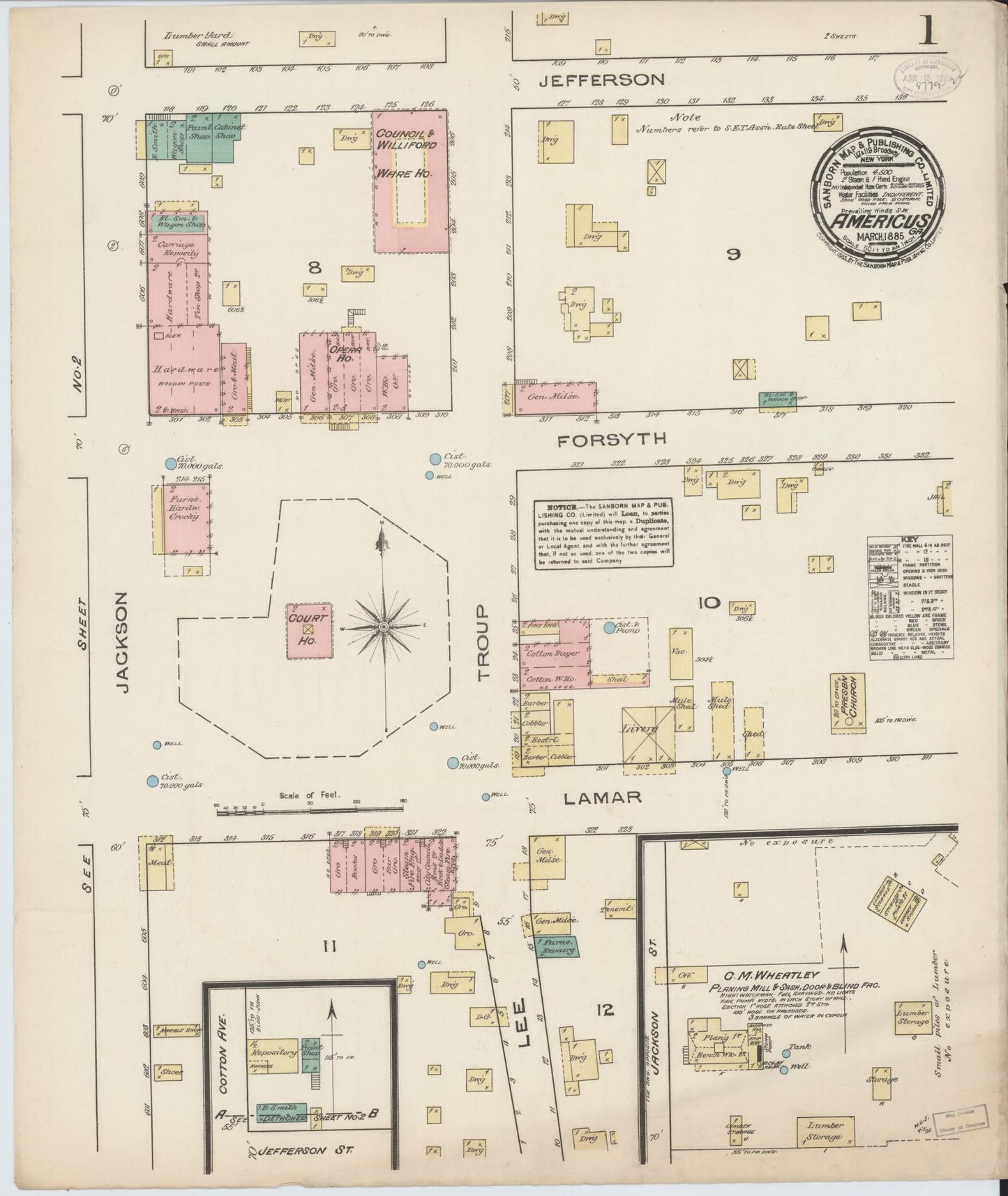 Sanborn Fire Insurance Map from Americus, Sumter County, Georgia (1885), Sheet #0001 - Historic Sanborn Fire Insurance Map Print, vintage old map wall art, antique decor, genealogy gift, Georgia Georgia map