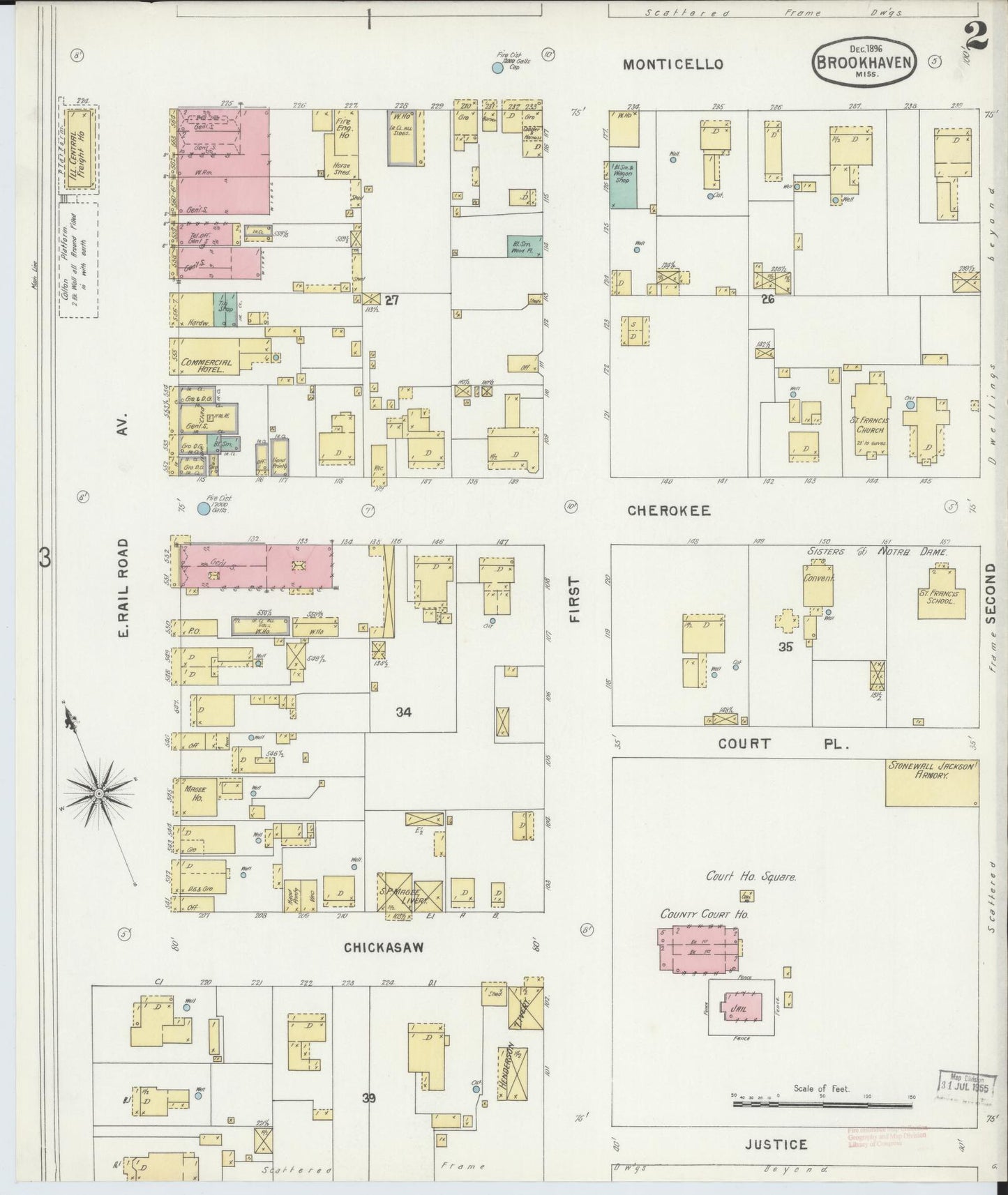 Sanborn Fire Insurance Map from Brookhaven, Lincoln County, Mississippi (1896), Sheet #0002 - Historic Sanborn Fire Insurance Map Print, vintage old map wall art, antique decor, genealogy gift, Mississippi Mississippi map