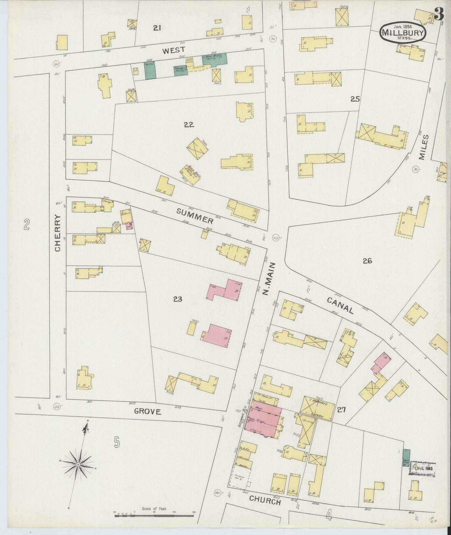 Sanborn Fire Insurance Map from Millbury, Worcester County, Massachusetts (1894), Sheet #0003 - Historic Sanborn Fire Insurance Map Print, vintage old map wall art, antique decor, genealogy gift, Massachusetts Massachusetts map
