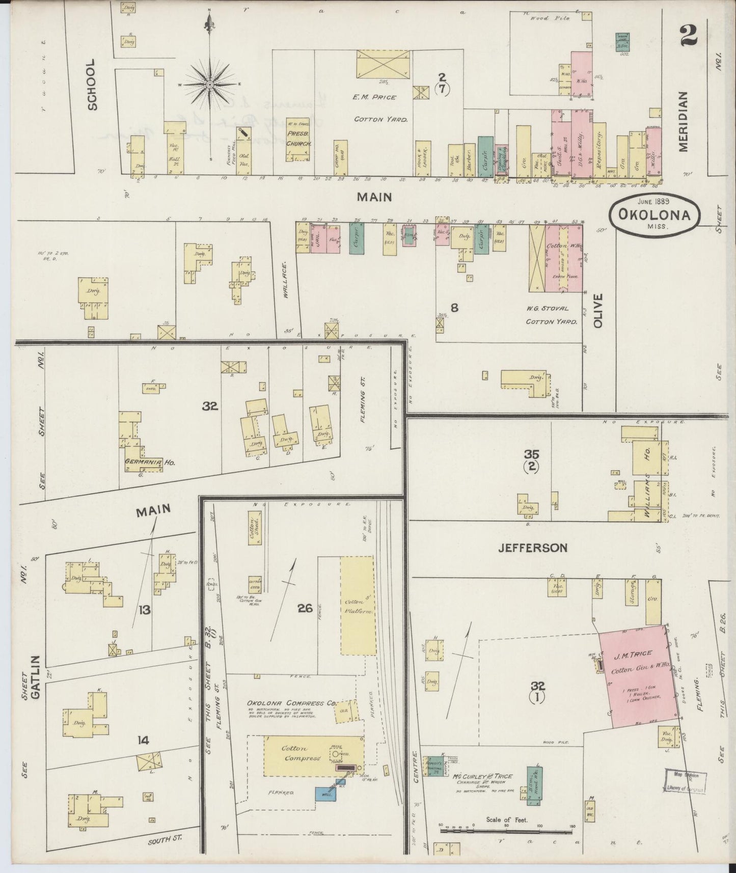 Sanborn Fire Insurance Map from Okolona, Chickasaw County, Mississippi (1889), Sheet #0002 - Complete Map Set gallery image, historic Sanborn map, vintage wall art, Mississippi Mississippi