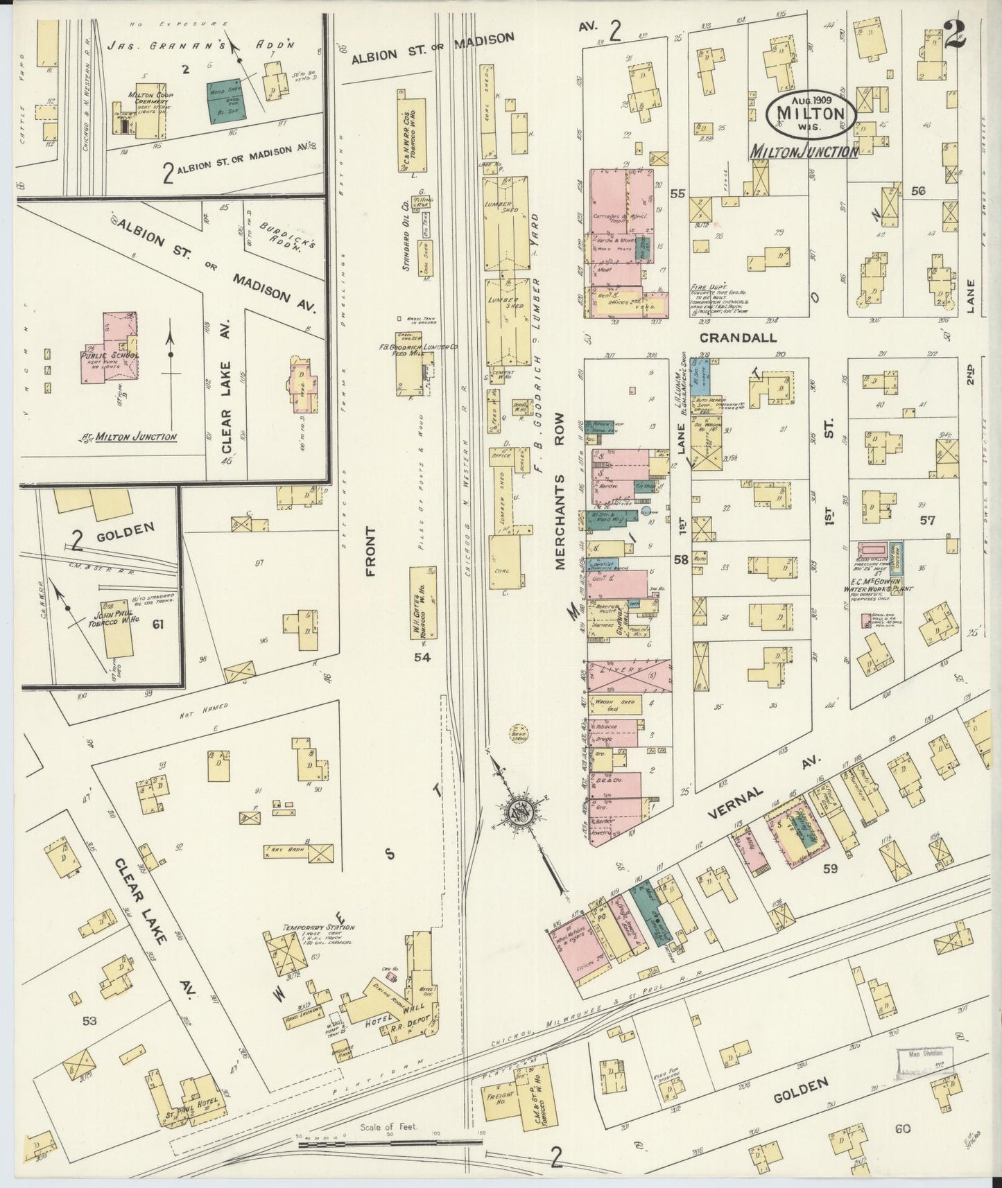 Sanborn Fire Insurance Map from Milton, Rock County, Wisconsin (1909), Sheet #0002 - Historic Sanborn Fire Insurance Map Print, vintage old map wall art, antique decor, genealogy gift, Wisconsin Wisconsin map